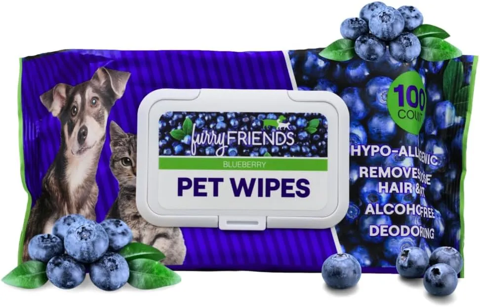 FurryFriends Pet Wipes | Blueberry Scented | Hypo-allergenic | Alcohol Free| Deodorizing | Removes Loose Hair & Dirt | Incredibly Clean | 100 ct. 1 Pack