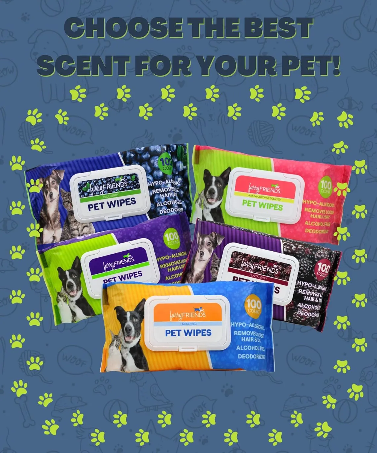 FurryFriends Pet Wipes | Blueberry Scented | Hypo-allergenic | Alcohol Free| Deodorizing | Removes Loose Hair & Dirt | Incredibly Clean | 100 ct. 1 Pack
