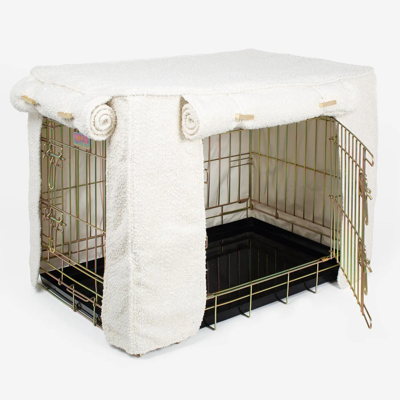 Gold Dog Crate with Crate Cover in Ivory Bouclé by Lords & Labradors