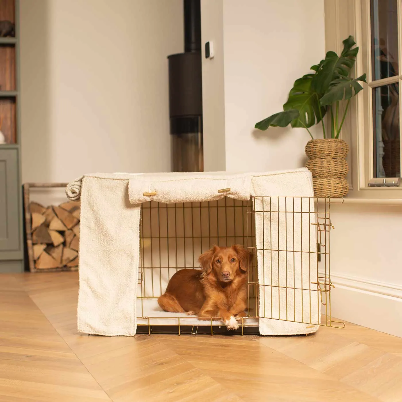 Gold Dog Crate with Crate Cover in Ivory Bouclé by Lords & Labradors