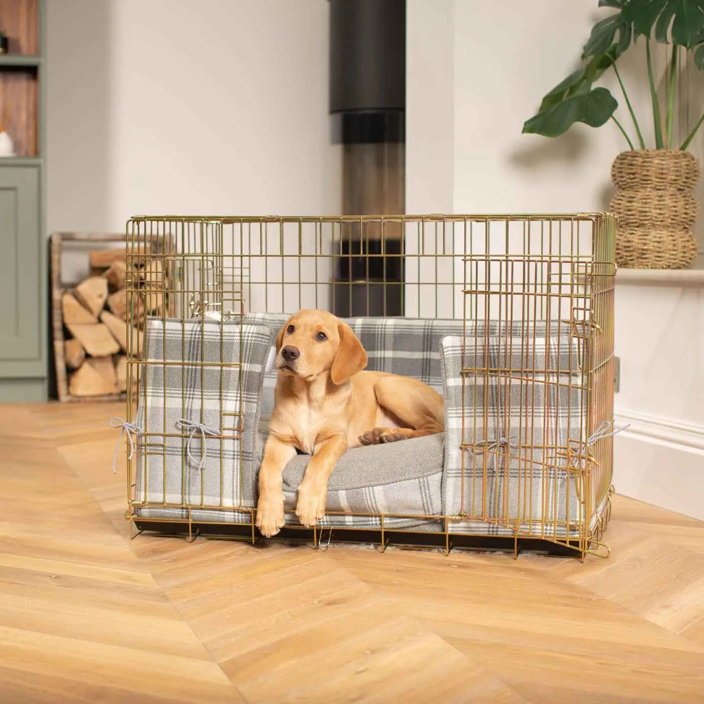 Gold Dog Crate with Cushion & Bumper in Balmoral Dove Grey Tweed by Lords & Labradors