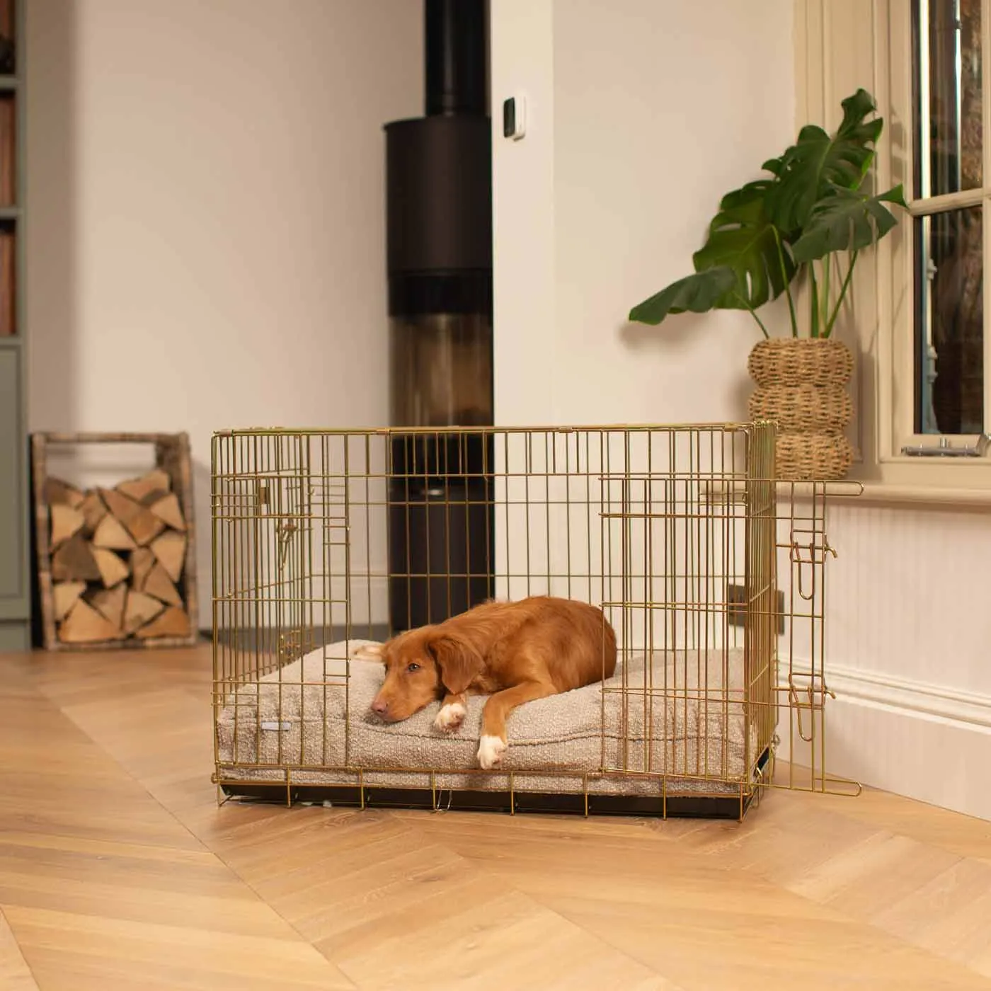 Gold Dog Crate with Cushion in Bouclé by Lords & Labradors
