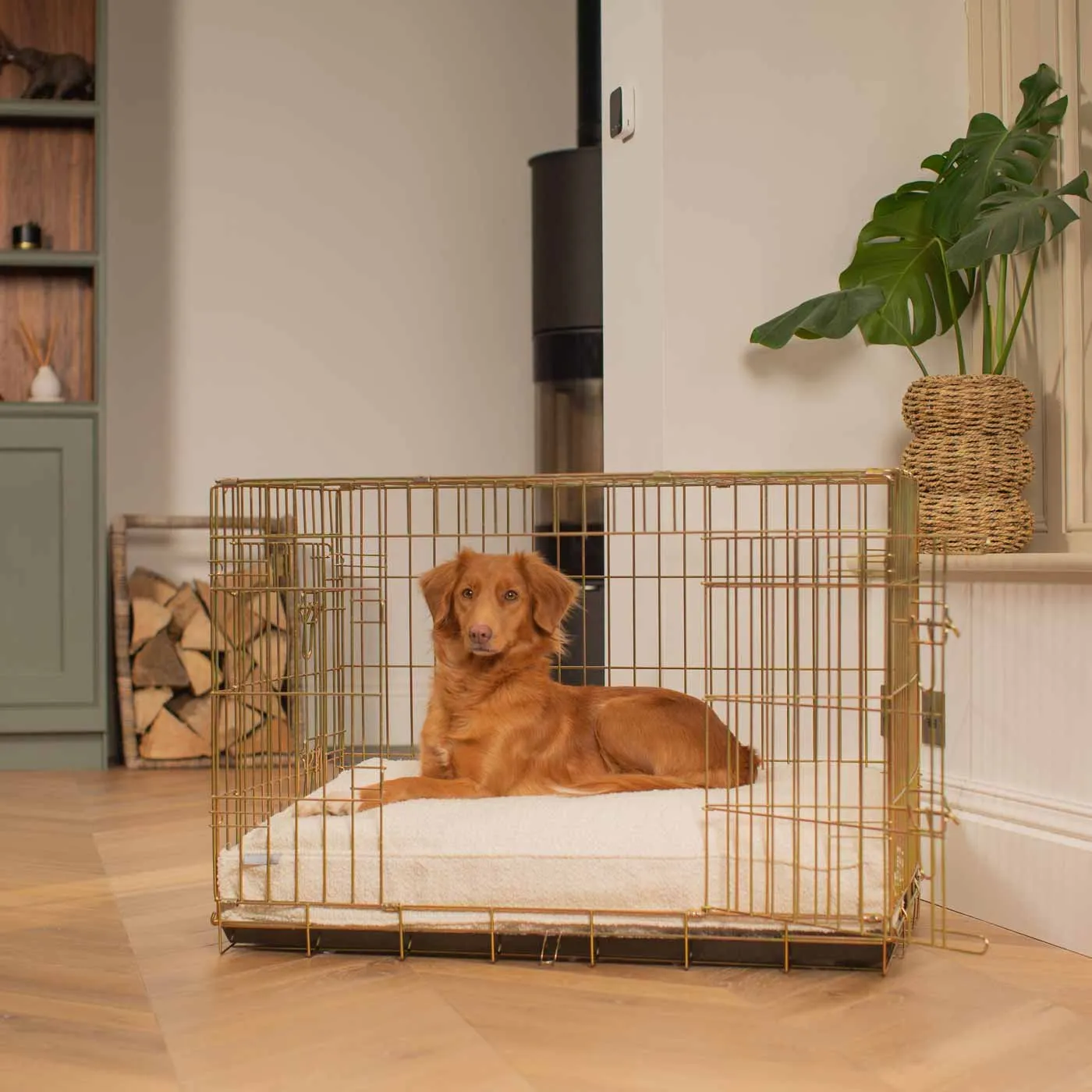 Gold Dog Crate with Cushion in Bouclé by Lords & Labradors