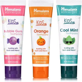 Himalaya Botanique Kids Toothpaste, Herbal, Cool Mint, Bubble Gum and Orange Flavor, Fights Plaque, Fluoride Free, No Artificial Flavors or Colors, SLS Free, Gluten Free, Vegan, 4 Oz, Variety 3 Pack
