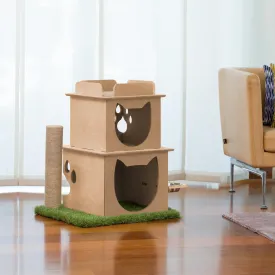 Indoor Two-Story Wooden Cat Loft with Scratching Post & Feeder Station