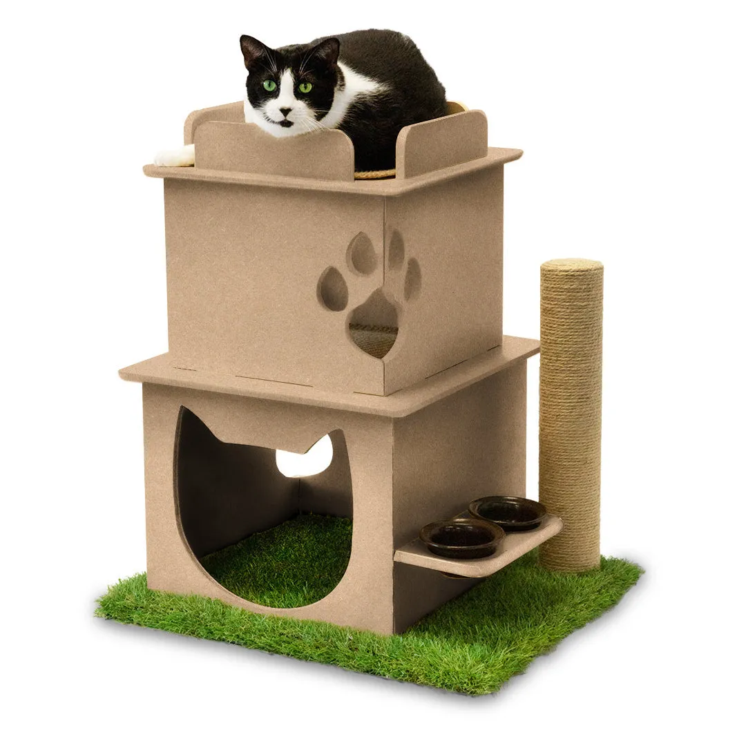 Indoor Two-Story Wooden Cat Loft with Scratching Post & Feeder Station