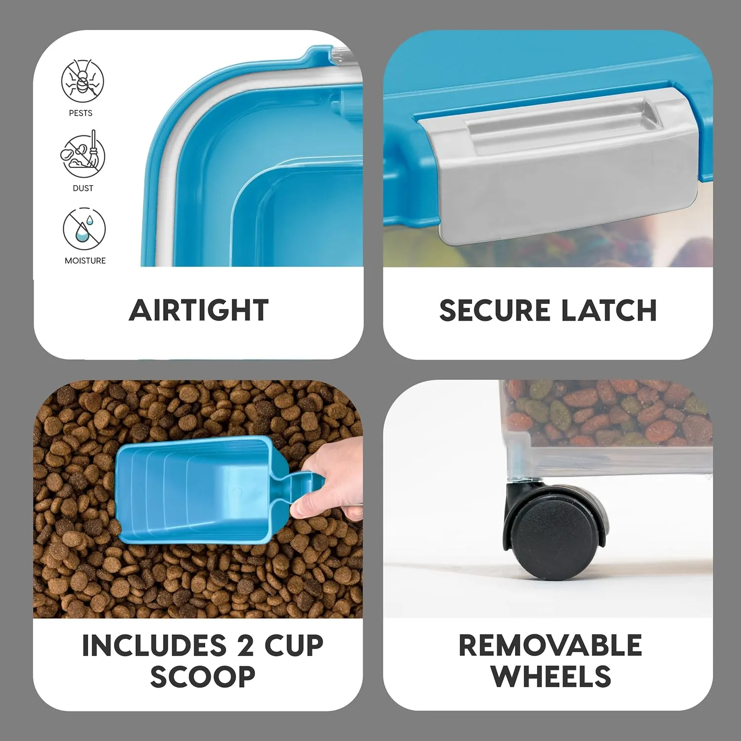 IRIS USA Dog Food Storage Container, 30 lbs & 11 lbs Combo, Cat Food Storage Container, Dog Treat Container, Airtight, Stackable, 2-Cup Scoop, Wheels, Easy Mobility, Blue Moon