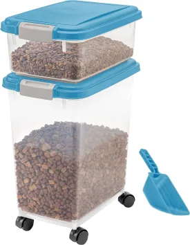 IRIS USA Dog Food Storage Container, 30 lbs & 11 lbs Combo, Cat Food Storage Container, Dog Treat Container, Airtight, Stackable, 2-Cup Scoop, Wheels, Easy Mobility, Blue Moon