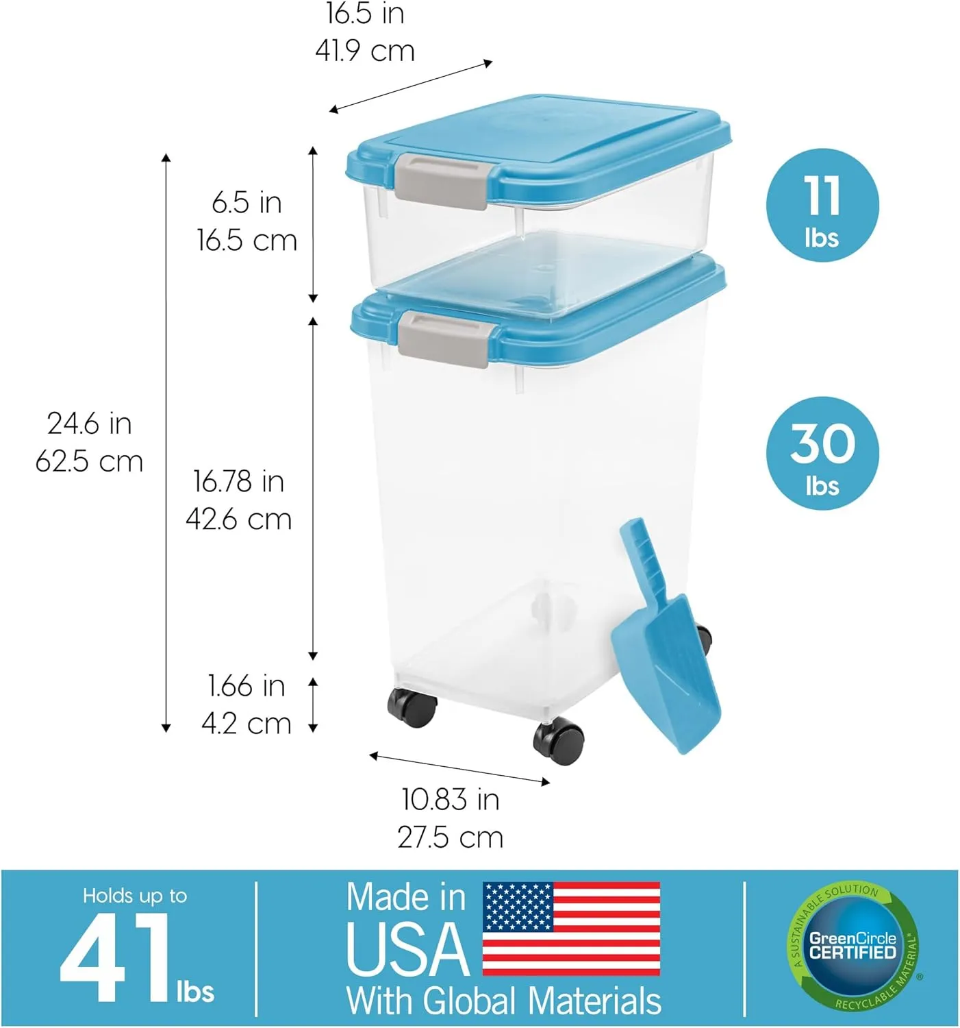 IRIS USA Dog Food Storage Container, 30 lbs & 11 lbs Combo, Cat Food Storage Container, Dog Treat Container, Airtight, Stackable, 2-Cup Scoop, Wheels, Easy Mobility, Blue Moon