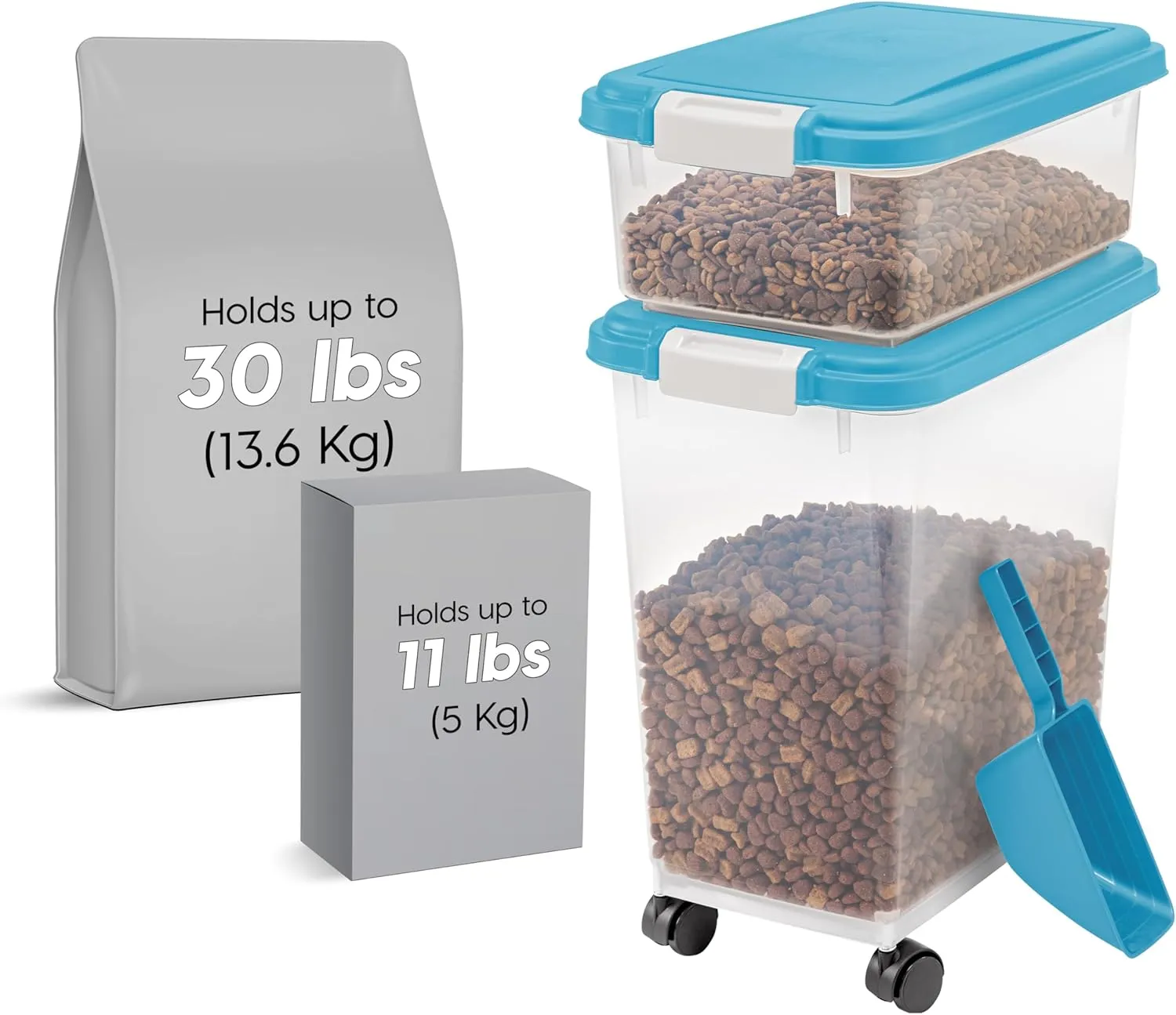 IRIS USA Dog Food Storage Container, 30 lbs & 11 lbs Combo, Cat Food Storage Container, Dog Treat Container, Airtight, Stackable, 2-Cup Scoop, Wheels, Easy Mobility, Blue Moon