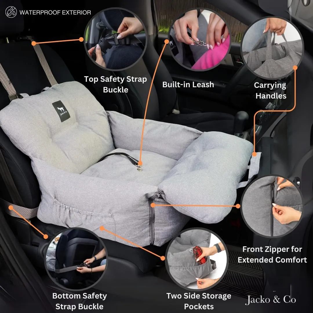 JACKO & CO - Premium Dog Car Seat Bed for Small & Medium Dogs up to 25lbs, Soft Travel Bed & Carrier Bag for Pets, Puppies, Cats, Front or Back Seat, Machine Washable & Water Resistant (Grey 1-25lbs)