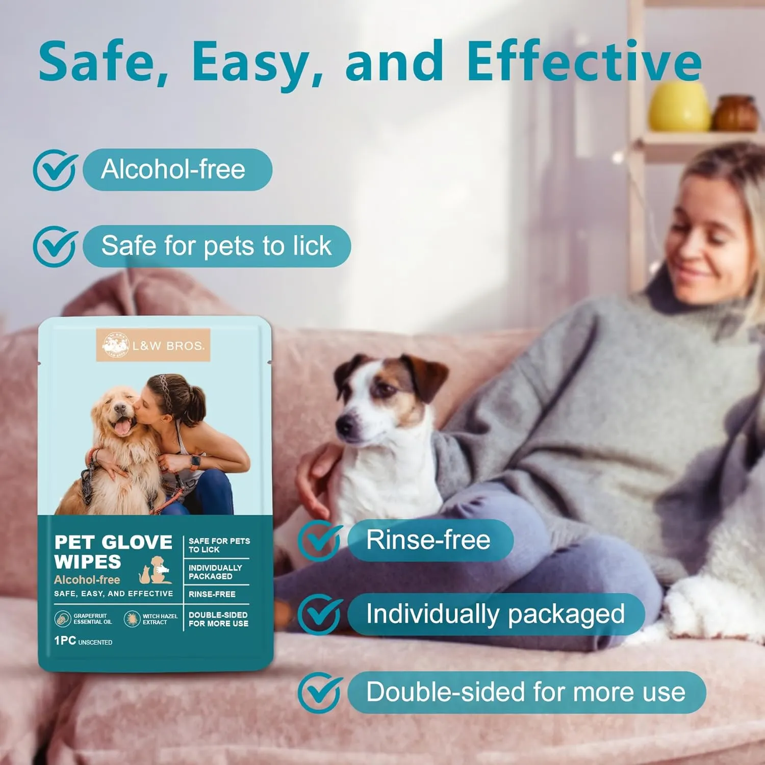 L&W BROS. Dog Wipes Gloves 10 PCS Individually Packaged, Flush-Free, Safe, Alcohol-Free, and for Convenient Grooming Cleaning Deodorizing Hypoallergenic Wipes Disposable Premium Pet Wipes (Unscented)