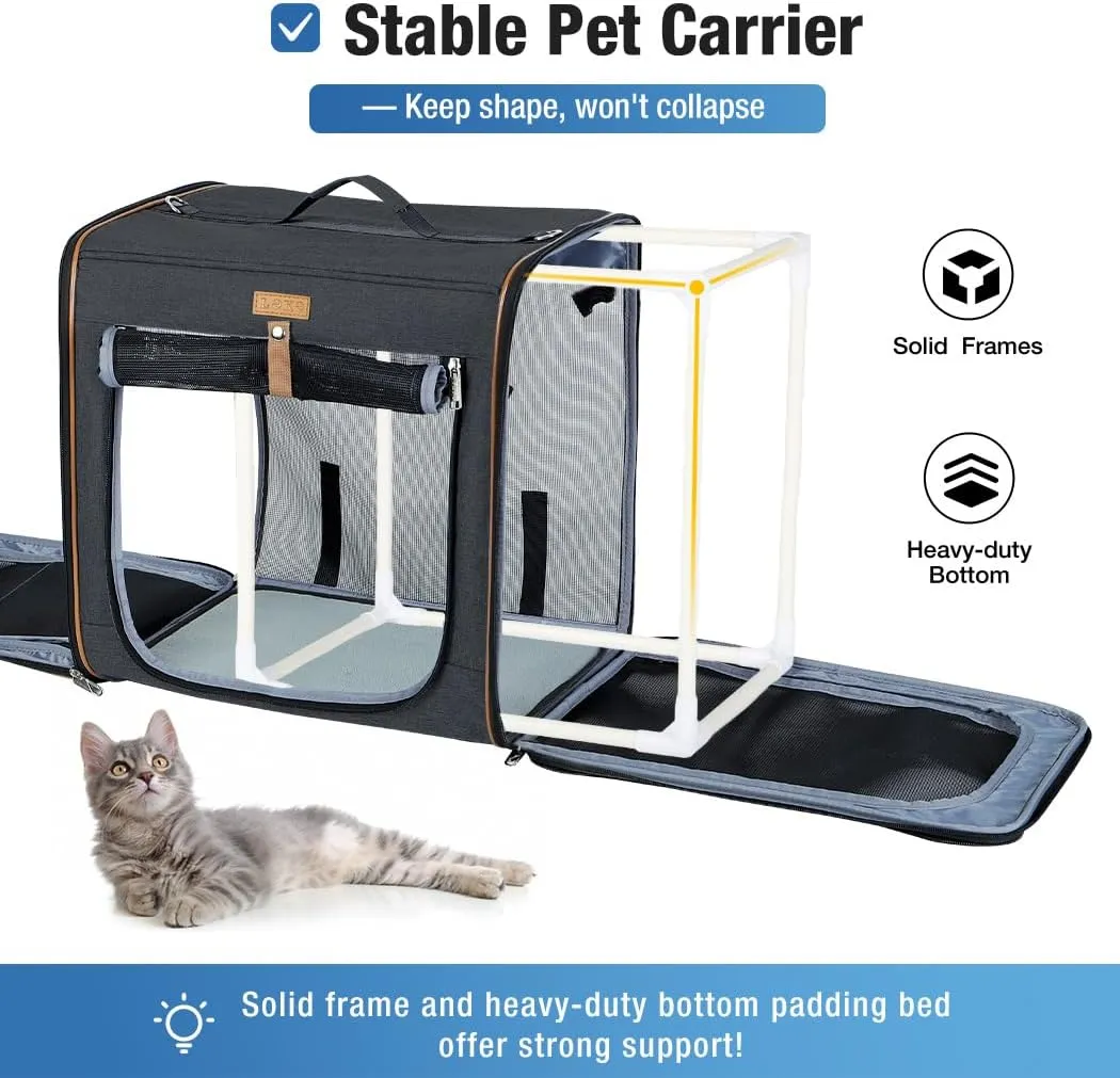 Lekereise 2-in-1 Cat Travel Carrier with Litter Box, (20.85" x2) x19.7"x19.7" Large Cat Carrier with Zipper Locks for Moving Across The Country (No Hammock) - Black