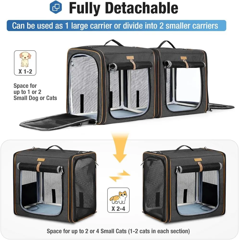 Lekereise 2-in-1 Cat Travel Carrier with Litter Box, (20.85" x2) x19.7"x19.7" Large Cat Carrier with Zipper Locks for Moving Across The Country (No Hammock) - Black