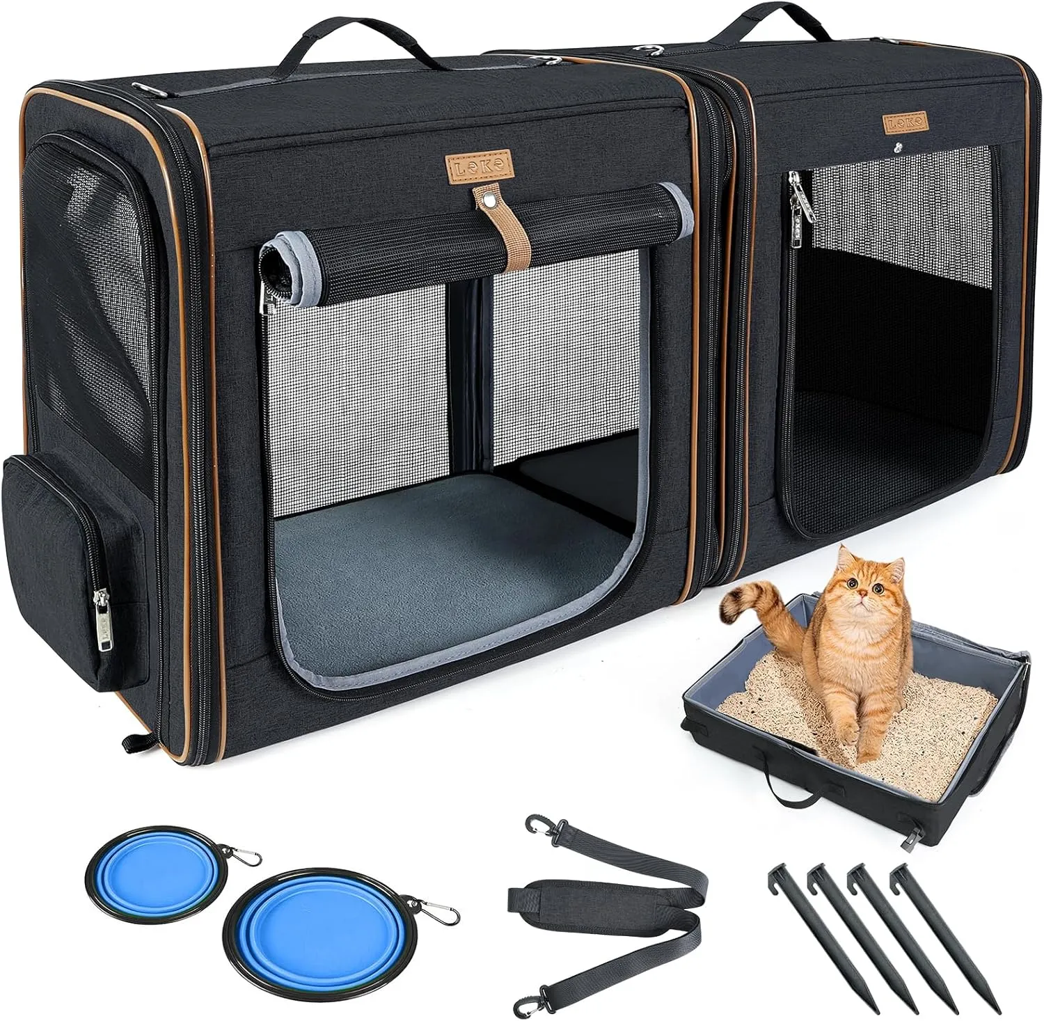 Lekereise 2-in-1 Cat Travel Carrier with Litter Box, (20.85" x2) x19.7"x19.7" Large Cat Carrier with Zipper Locks for Moving Across The Country (No Hammock) - Black