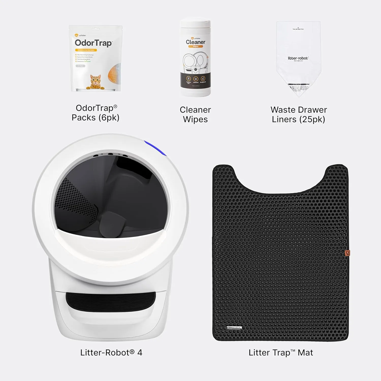 Litter-Robot 4 Core Bundle by Whisker, White - Automatic, Self-Cleaning Cat Litter Box, WiFi Enabled, Includes Litter-Robot 4, 6 OdorTrap Refills, 25 Liners, 30 Cleaner Wipes, Mat & Fence