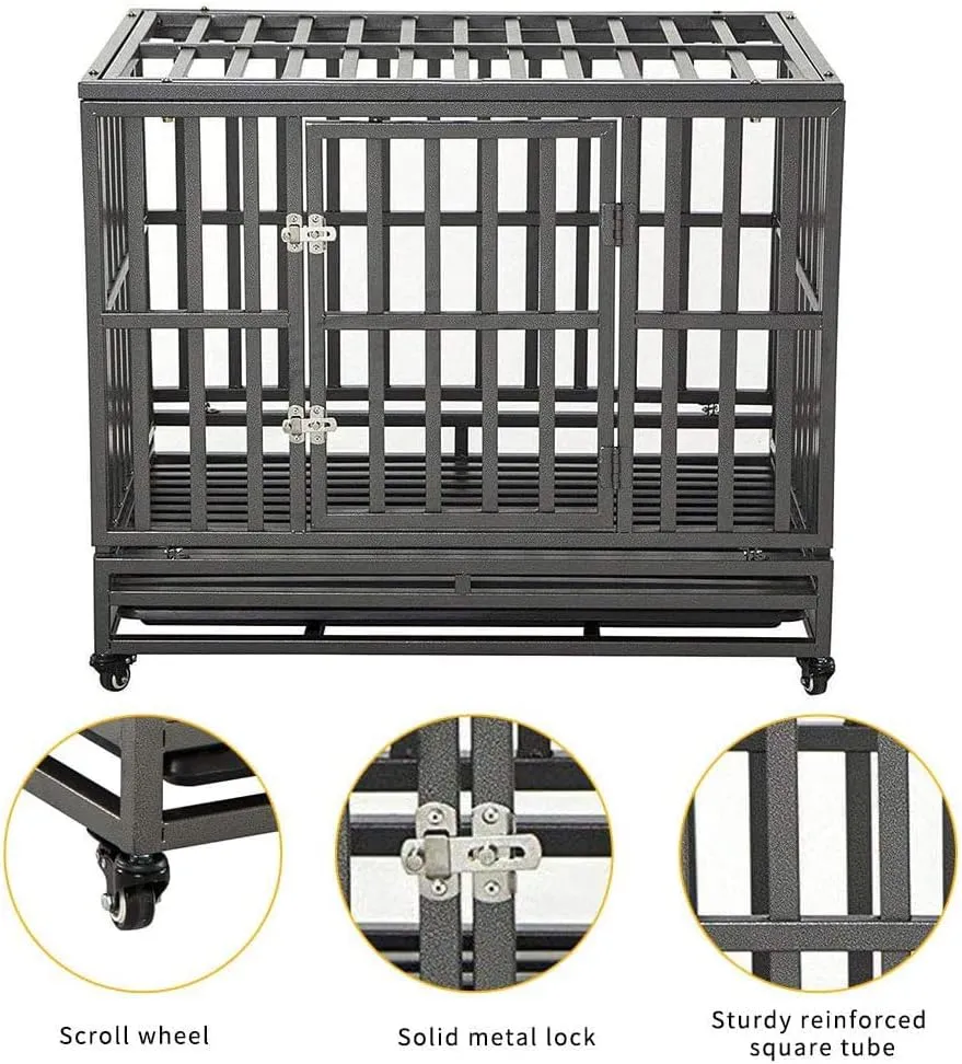 LUCKUP 38 Inch Heavy Duty Dog Cage Metal Kennel and Crate for Large Dogs,Easy to Assemble Pet Playpen with Four Wheels,Black  