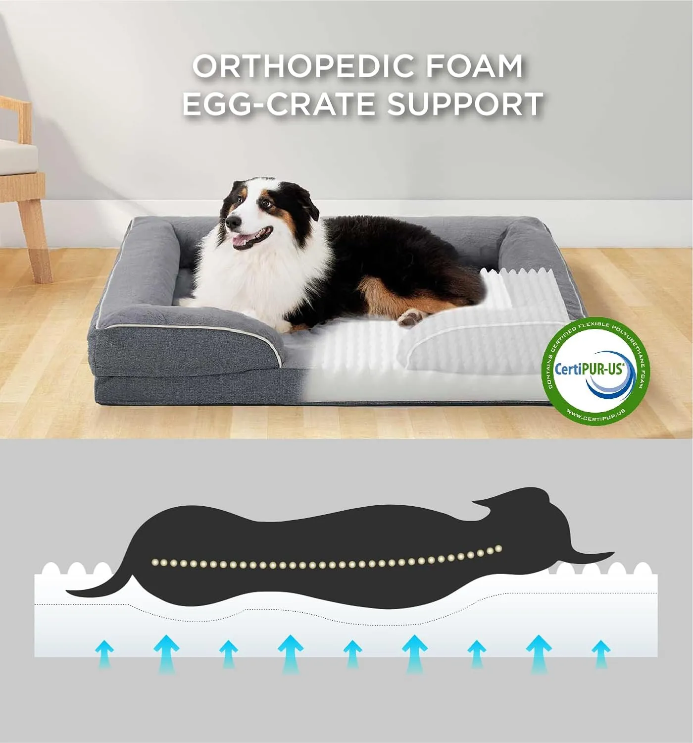 Made4Pets Orthopedic Dog Bed for Extra Large Dogs, Supportive Foam XL Pet Bed Sofa with Washable Removable Cover, Waterproof Large Dog Couch Bed, Non-Slip Bottom and Egg-Crate Foam, Grey