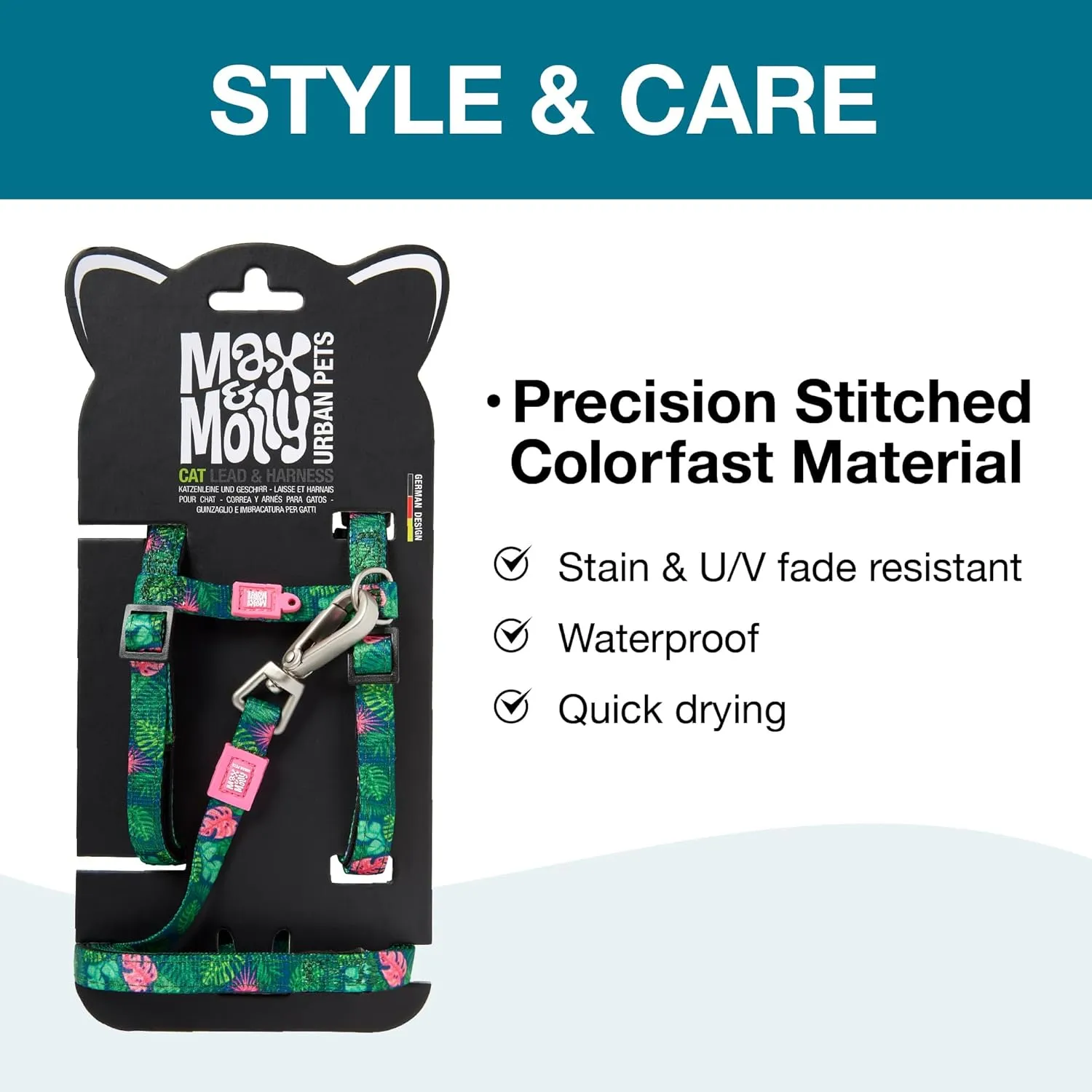 Max and Molly Adjustable Cat Harness and Leash Set - Escape-Proof Cat Harness with Leash for Outdoor Walking and Exploring, Soft Padded Double Stitched Fabric (Tropical)