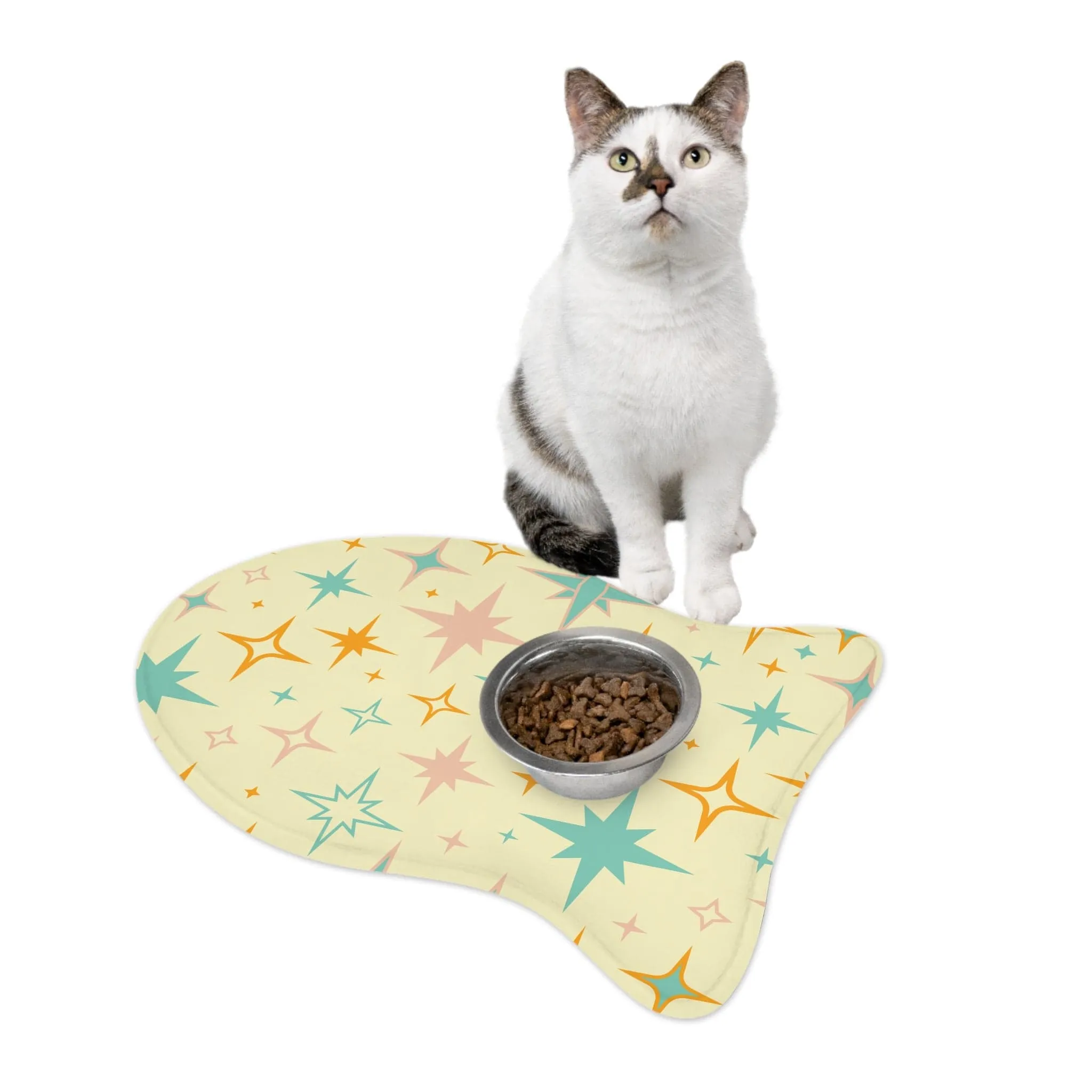 Mid Century Modern Atomic Starburst Pet Feeding Mats, Retro Bone and Fish Shape Cat and Dog Non-Slip, Highly Absorbent Feeding Mats