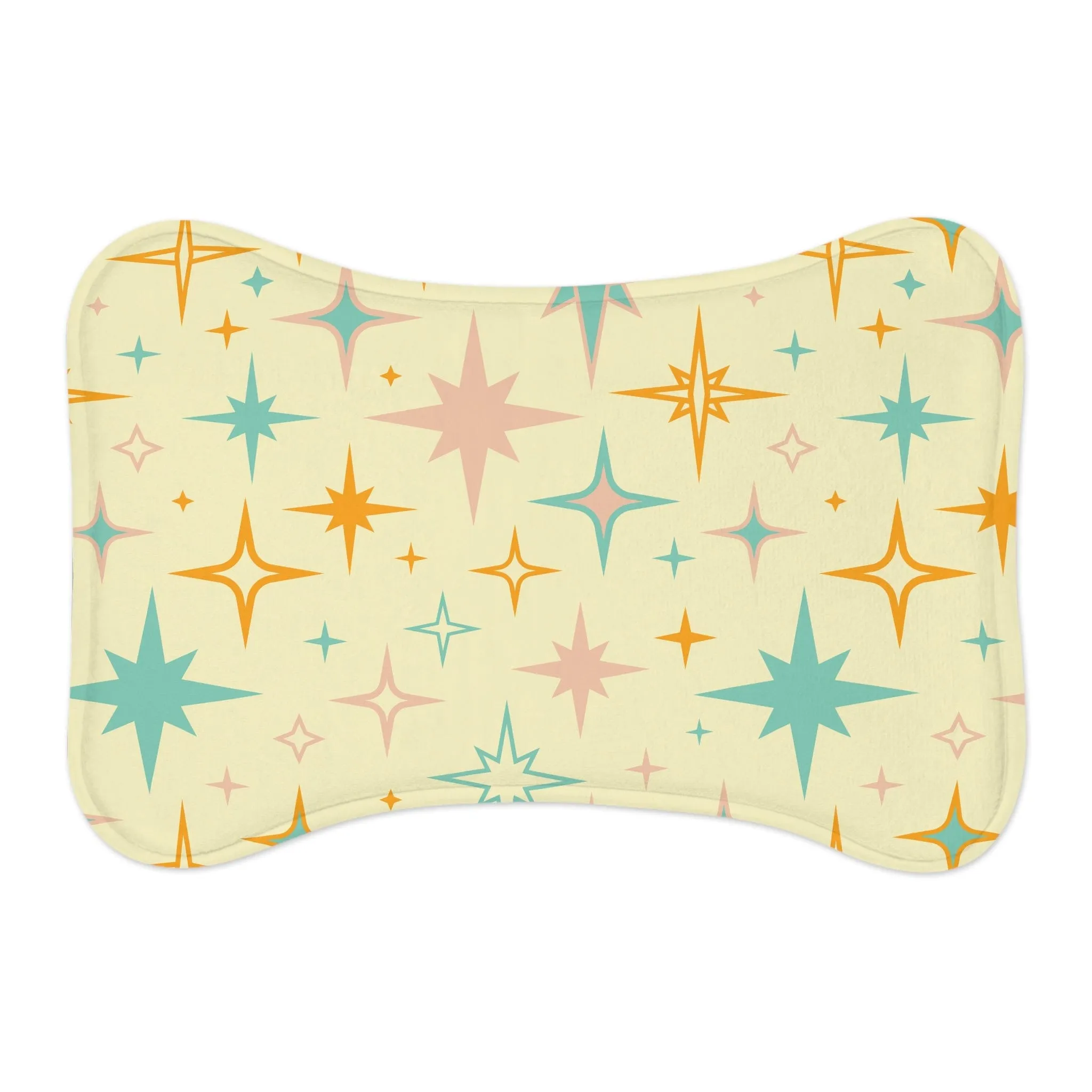 Mid Century Modern Atomic Starburst Pet Feeding Mats, Retro Bone and Fish Shape Cat and Dog Non-Slip, Highly Absorbent Feeding Mats