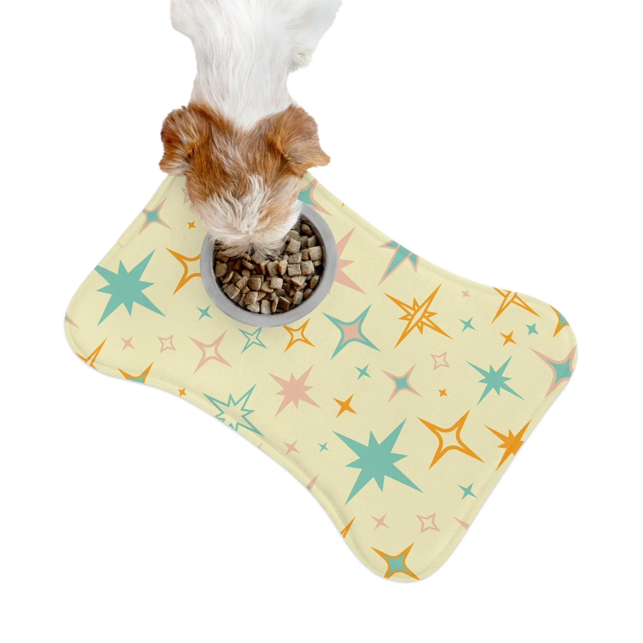 Mid Century Modern Atomic Starburst Pet Feeding Mats, Retro Bone and Fish Shape Cat and Dog Non-Slip, Highly Absorbent Feeding Mats