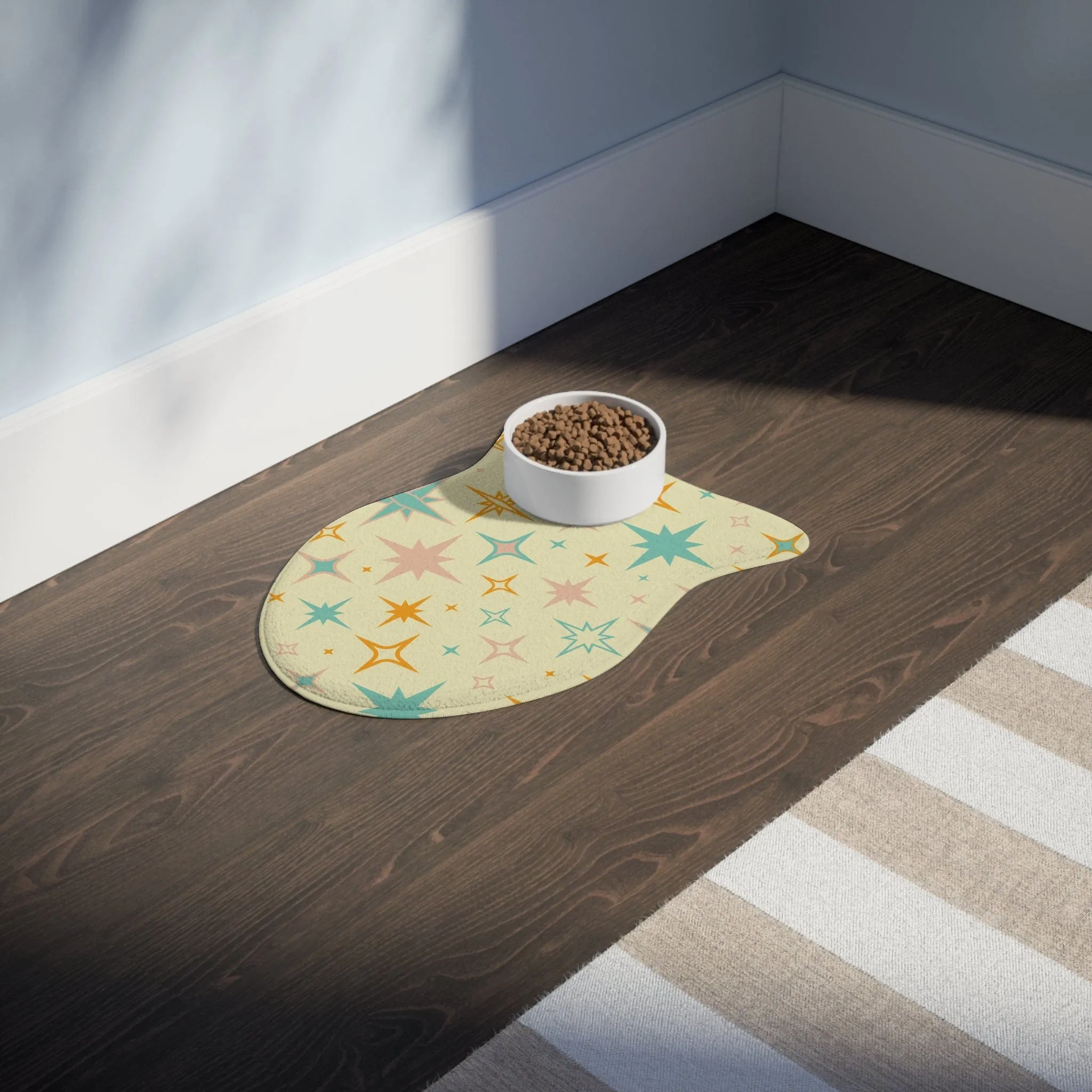 Mid Century Modern Atomic Starburst Pet Feeding Mats, Retro Bone and Fish Shape Cat and Dog Non-Slip, Highly Absorbent Feeding Mats