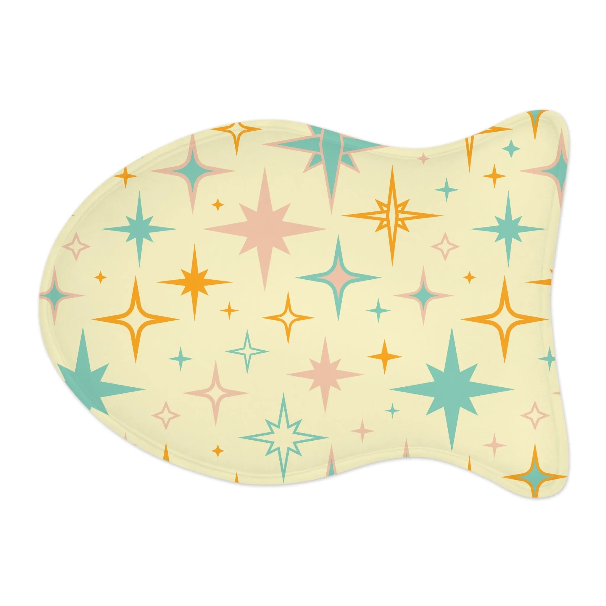 Mid Century Modern Atomic Starburst Pet Feeding Mats, Retro Bone and Fish Shape Cat and Dog Non-Slip, Highly Absorbent Feeding Mats
