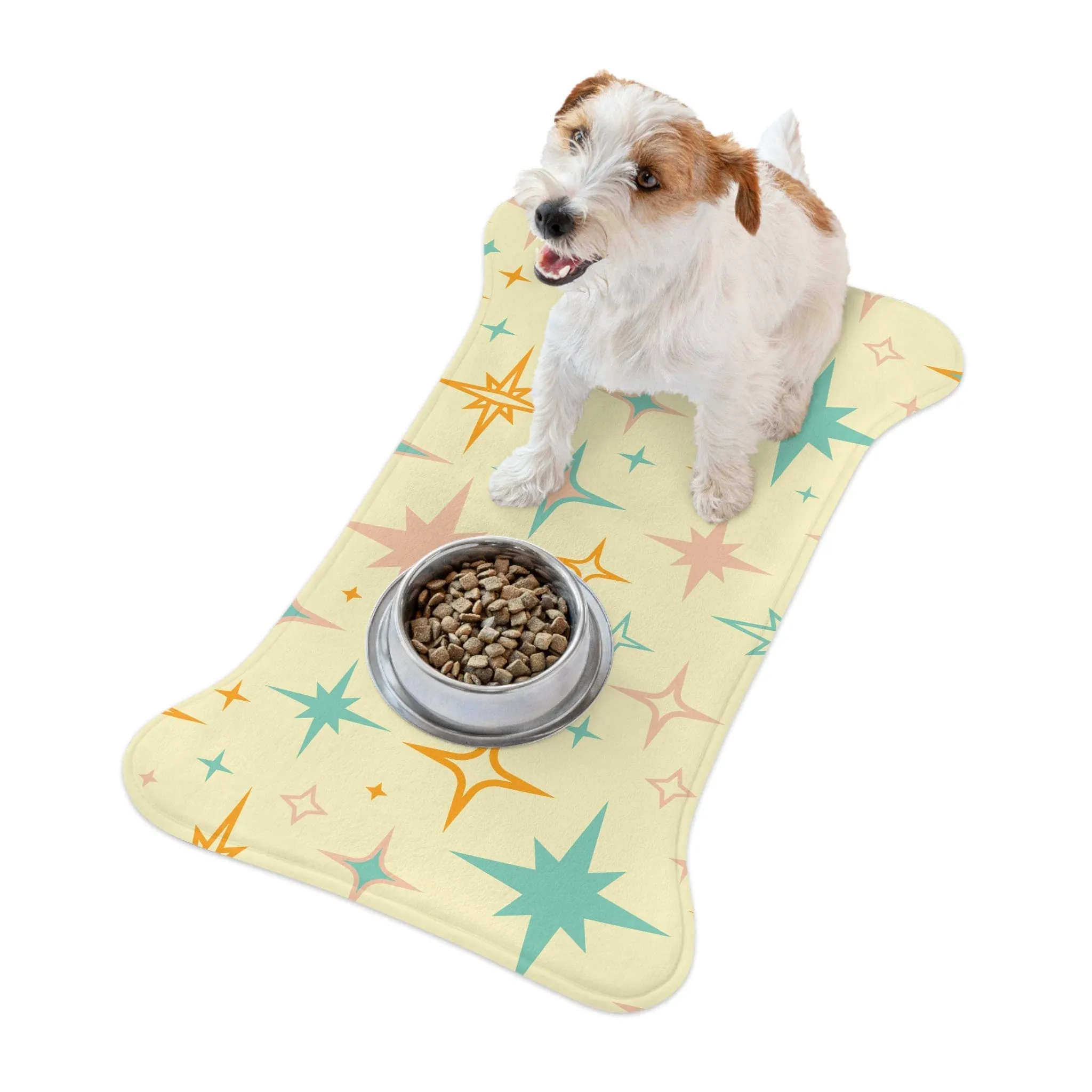 Mid Century Modern Atomic Starburst Pet Feeding Mats, Retro Bone and Fish Shape Cat and Dog Non-Slip, Highly Absorbent Feeding Mats