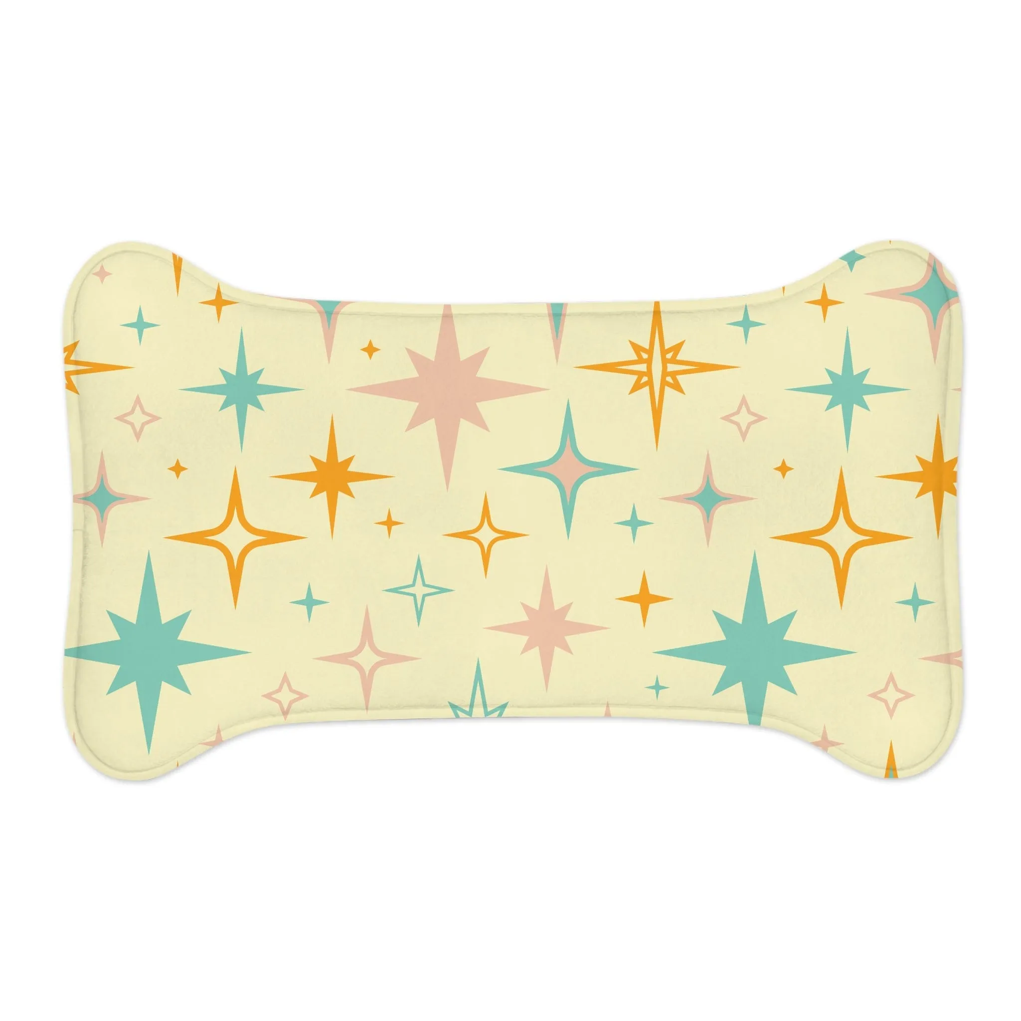 Mid Century Modern Atomic Starburst Pet Feeding Mats, Retro Bone and Fish Shape Cat and Dog Non-Slip, Highly Absorbent Feeding Mats