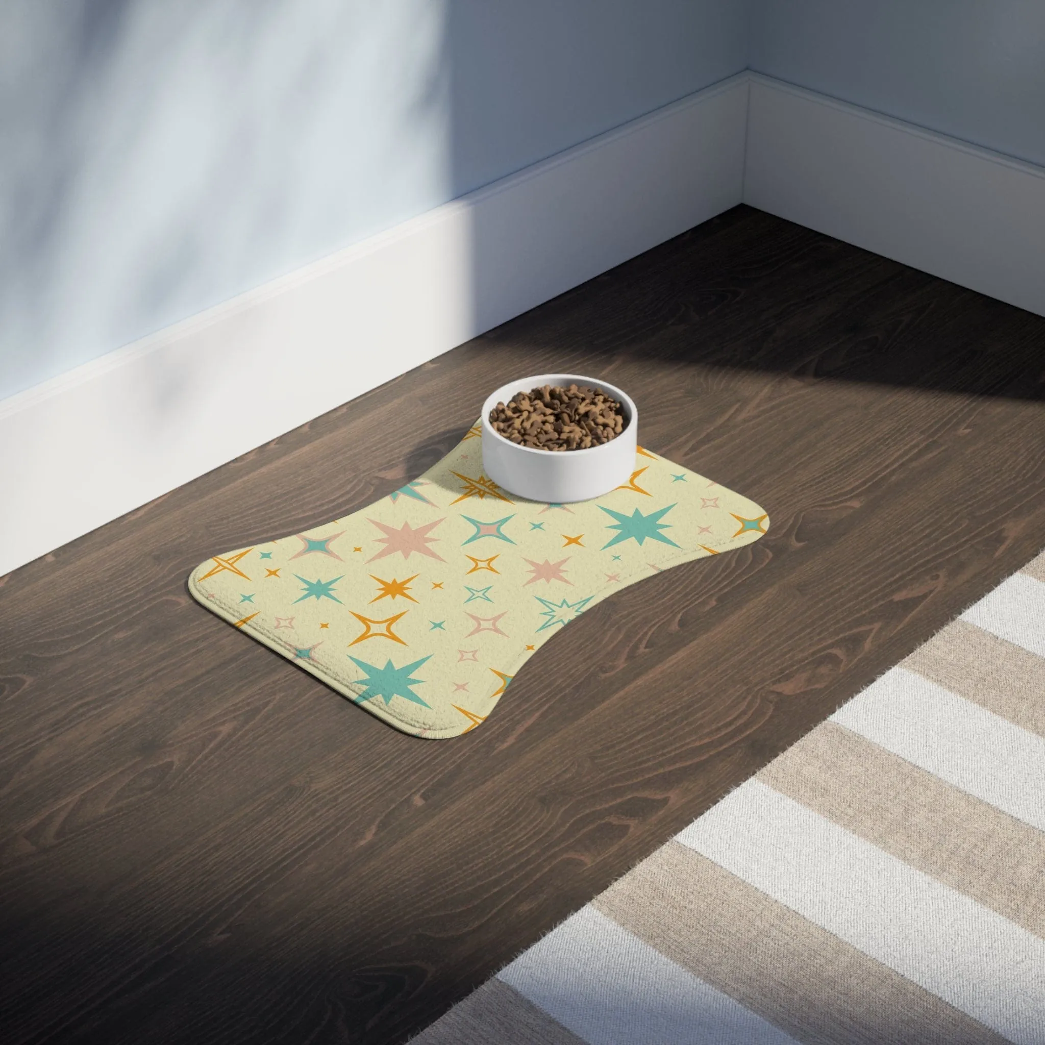 Mid Century Modern Atomic Starburst Pet Feeding Mats, Retro Bone and Fish Shape Cat and Dog Non-Slip, Highly Absorbent Feeding Mats