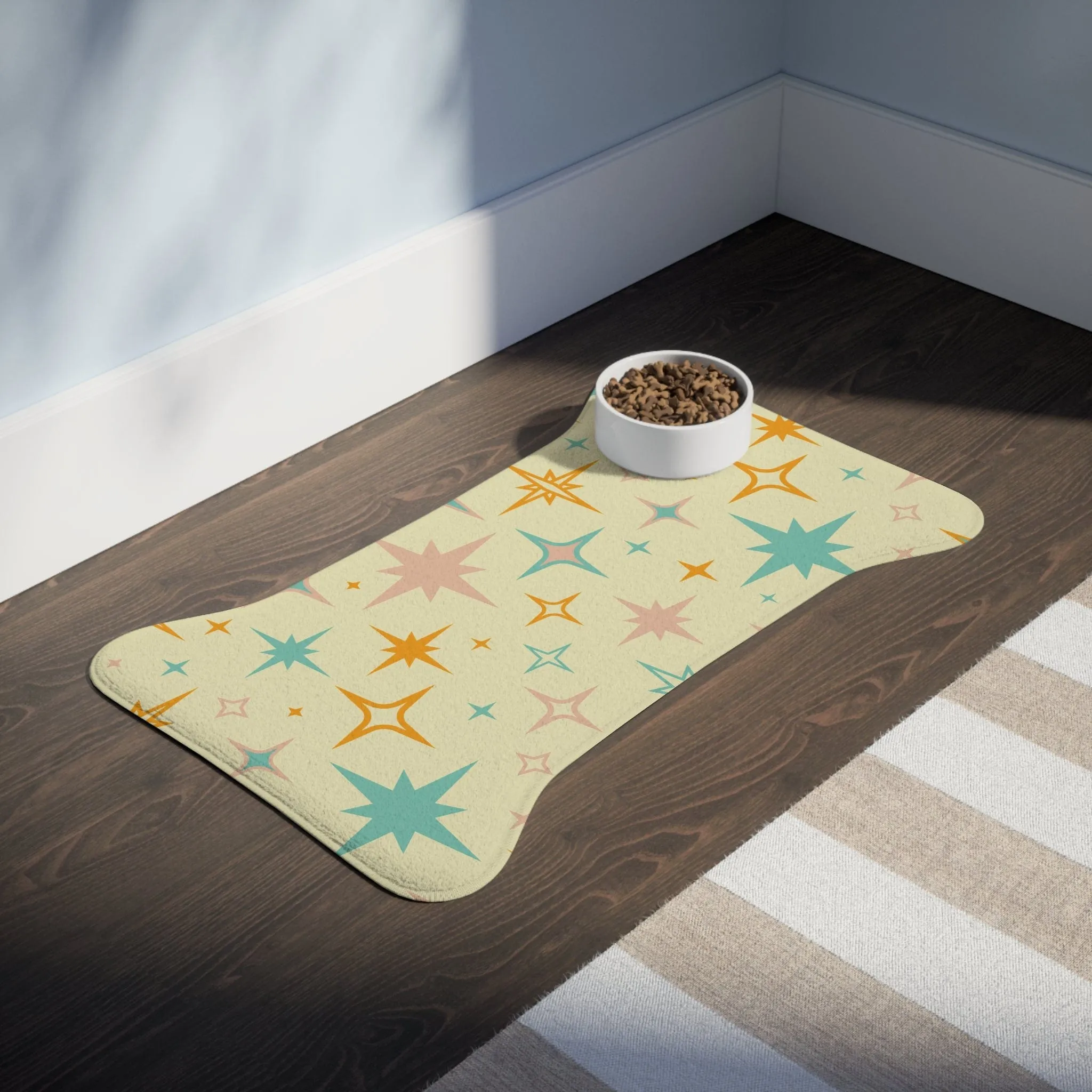 Mid Century Modern Atomic Starburst Pet Feeding Mats, Retro Bone and Fish Shape Cat and Dog Non-Slip, Highly Absorbent Feeding Mats