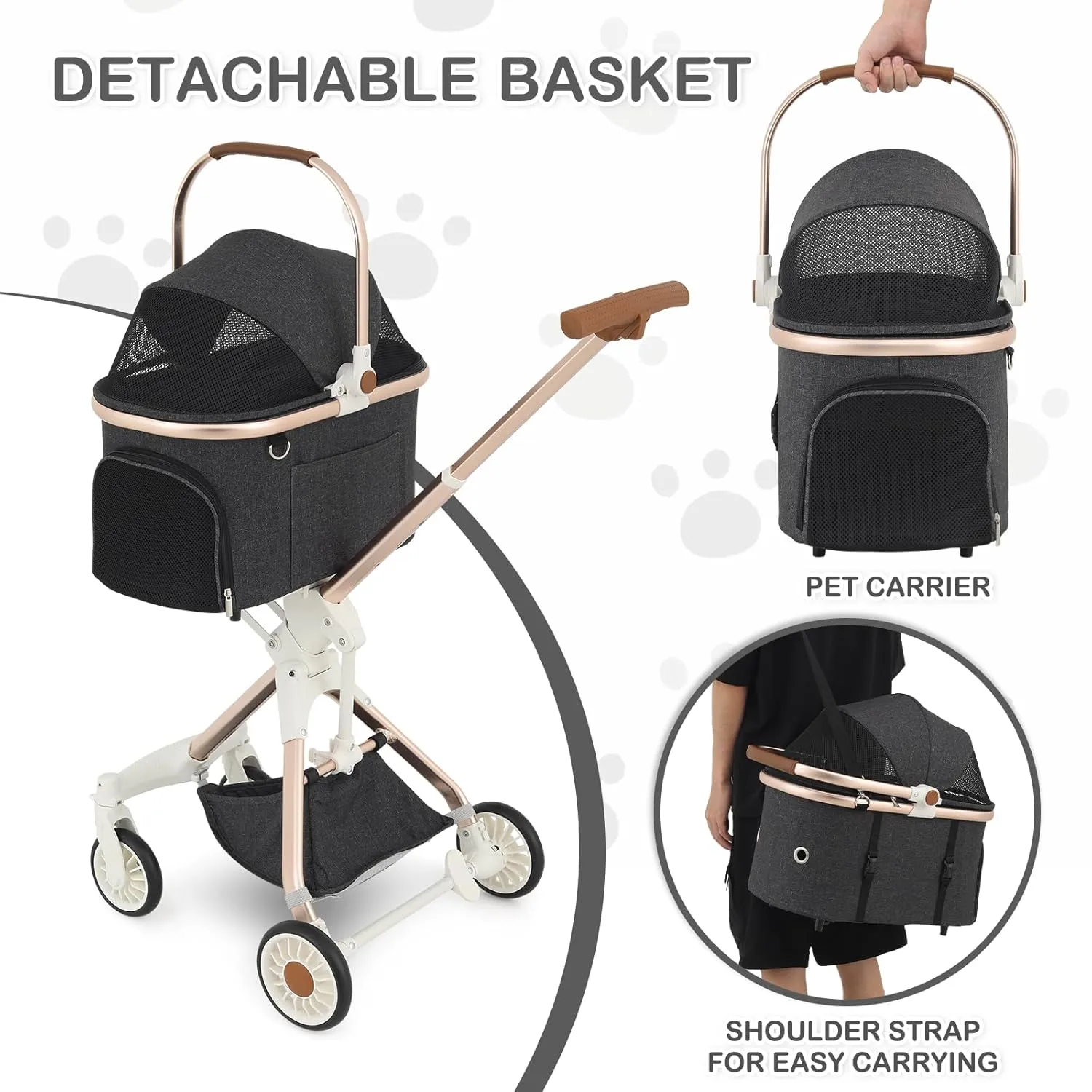 MoNiBloom 3 in 1 Pet Stroller with Adjustable Handle, Jogging Stroller w/Detachable Carrier & Lightweight Aluminum Frame for Dogs Cats, Dark Gray