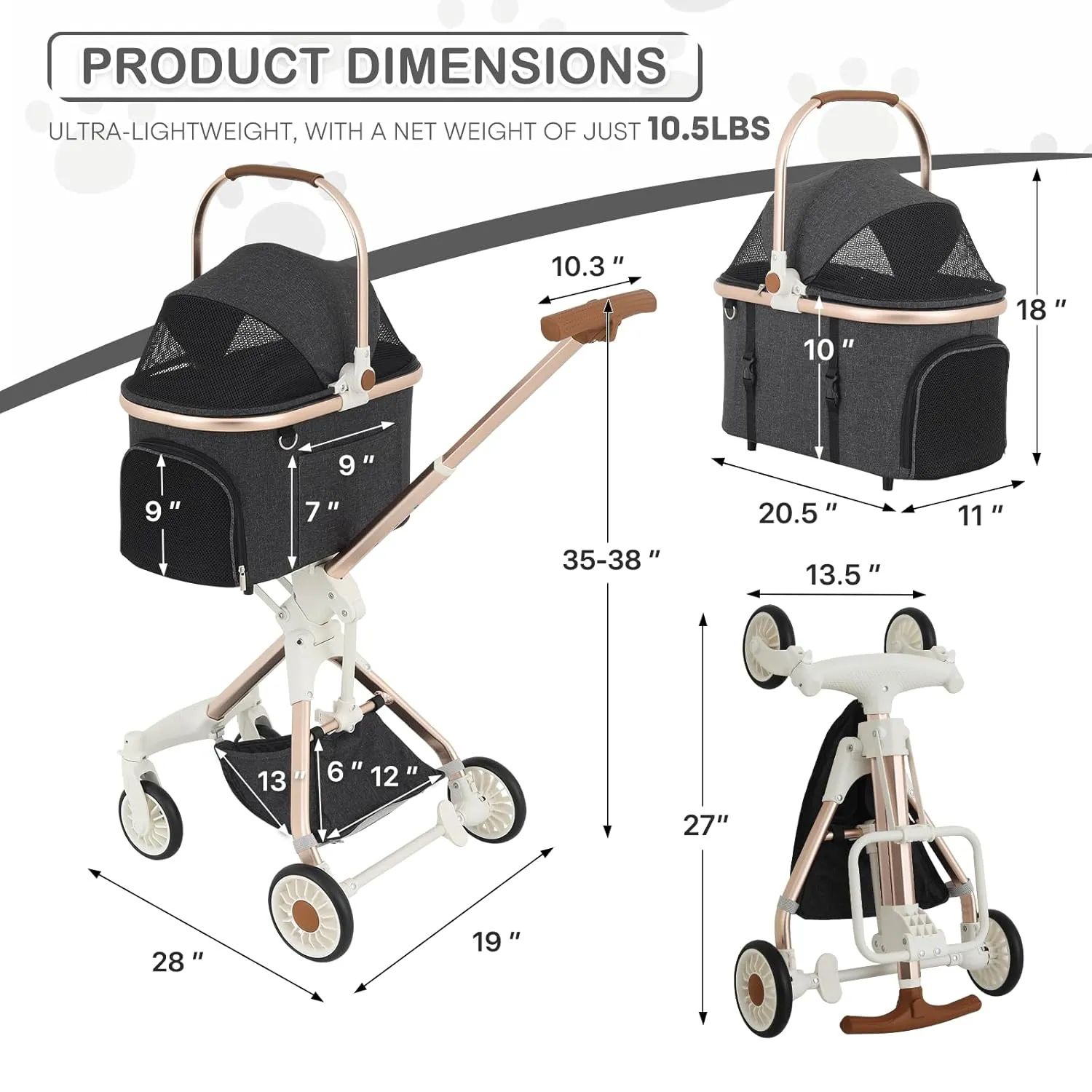 MoNiBloom 3 in 1 Pet Stroller with Adjustable Handle, Jogging Stroller w/Detachable Carrier & Lightweight Aluminum Frame for Dogs Cats, Dark Gray