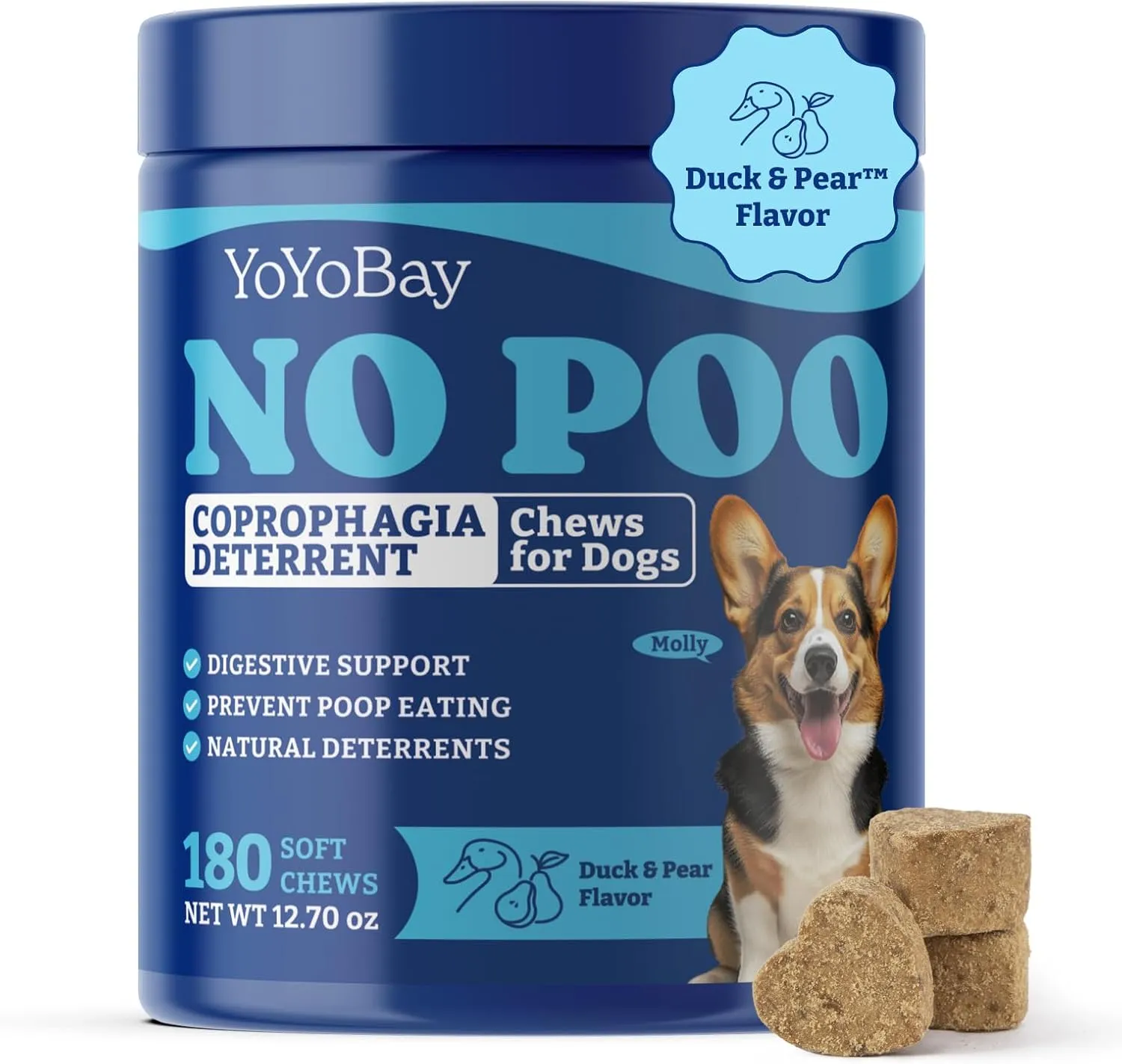 No Poo Chews for Dogs, Coprophagia Deterrent, Stool Eating Deterrent - with Probiotics, Fiber Blend, Natural Deterrent - Digestive Health & Immune Support - 180 Soft Chews, Duck & Pear Flavor