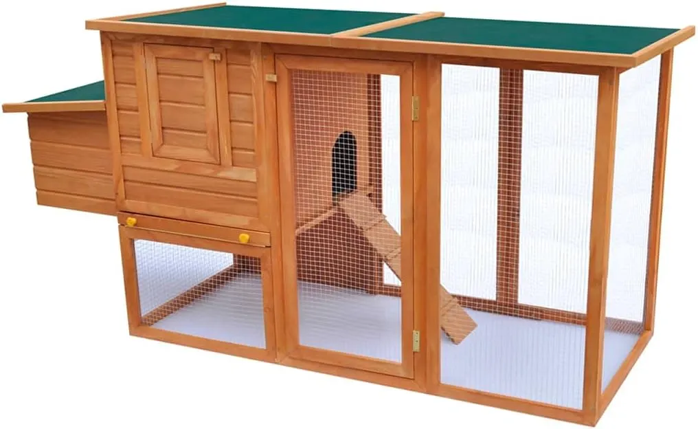 Outdoor Wooden Chicken Coop Multi-Level Hen House with Egg Cage, Poultry Cage w/Ramps, Run, Wire Fence