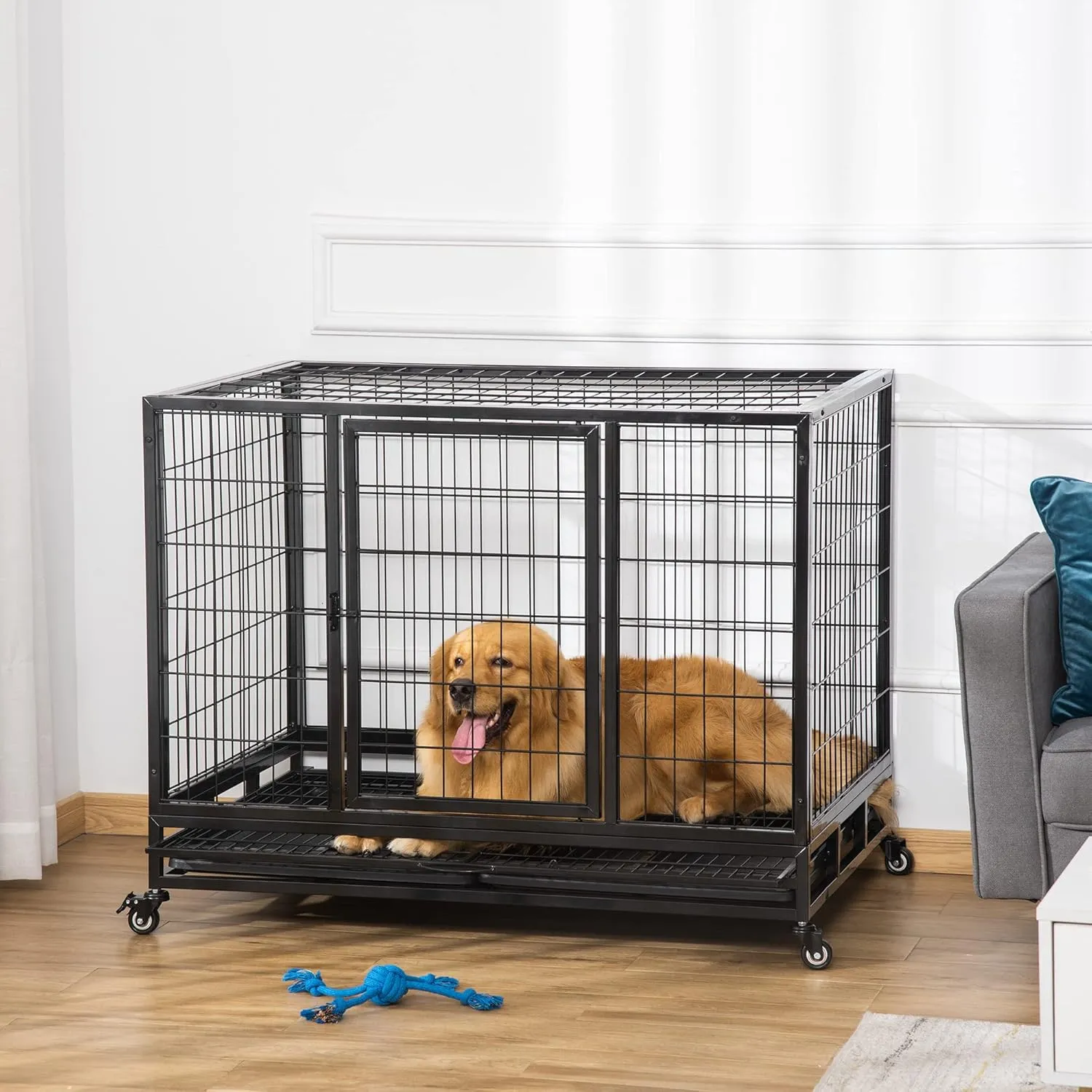 PawHut 43" Heavy Duty Dog Crate, Indestructible Dog Cage Kennel with Removable Tray, Lockable Wheels and Double Door, for Large and Extra Large Dogs, Black