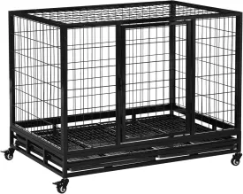 PawHut 43" Heavy Duty Dog Crate, Indestructible Dog Cage Kennel with Removable Tray, Lockable Wheels and Double Door, for Large and Extra Large Dogs, Black