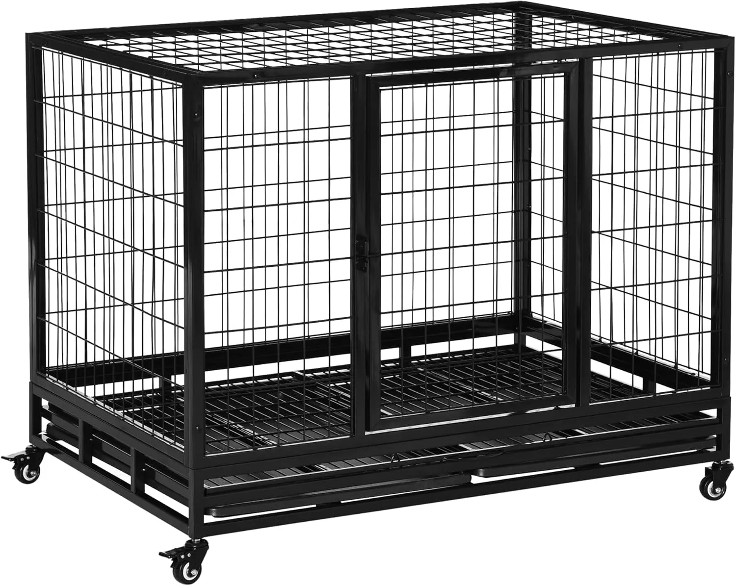 PawHut 43" Heavy Duty Dog Crate, Indestructible Dog Cage Kennel with Removable Tray, Lockable Wheels and Double Door, for Large and Extra Large Dogs, Black