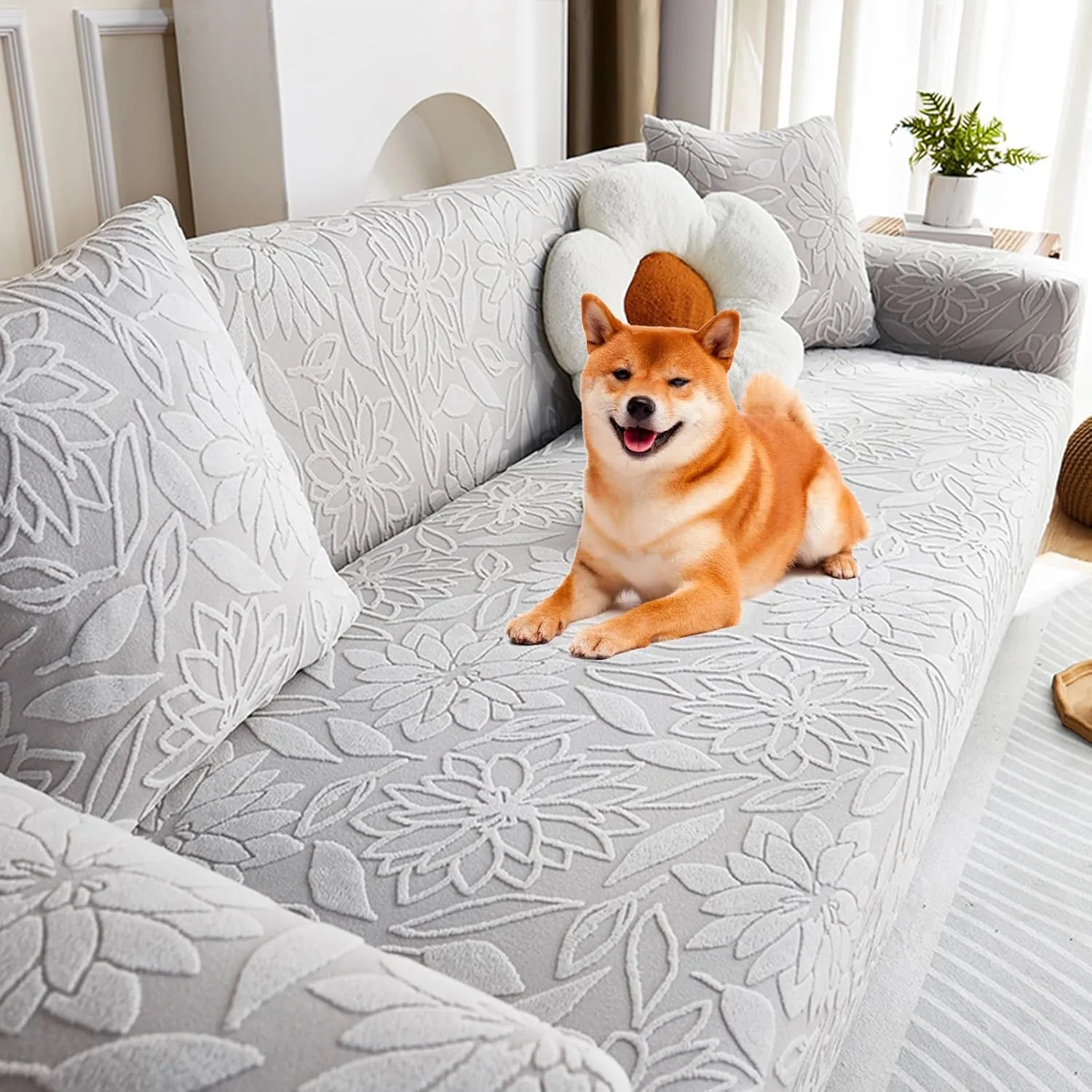 Pet Couch Covers for Sofa, Boho 3D Floral Couch Protector for Dogs with 2 Pillow Covers 18x18, Soft Comfy Washable Plush Sofa Mat Pet Bed Couch Slipcover (Light Gray,L)