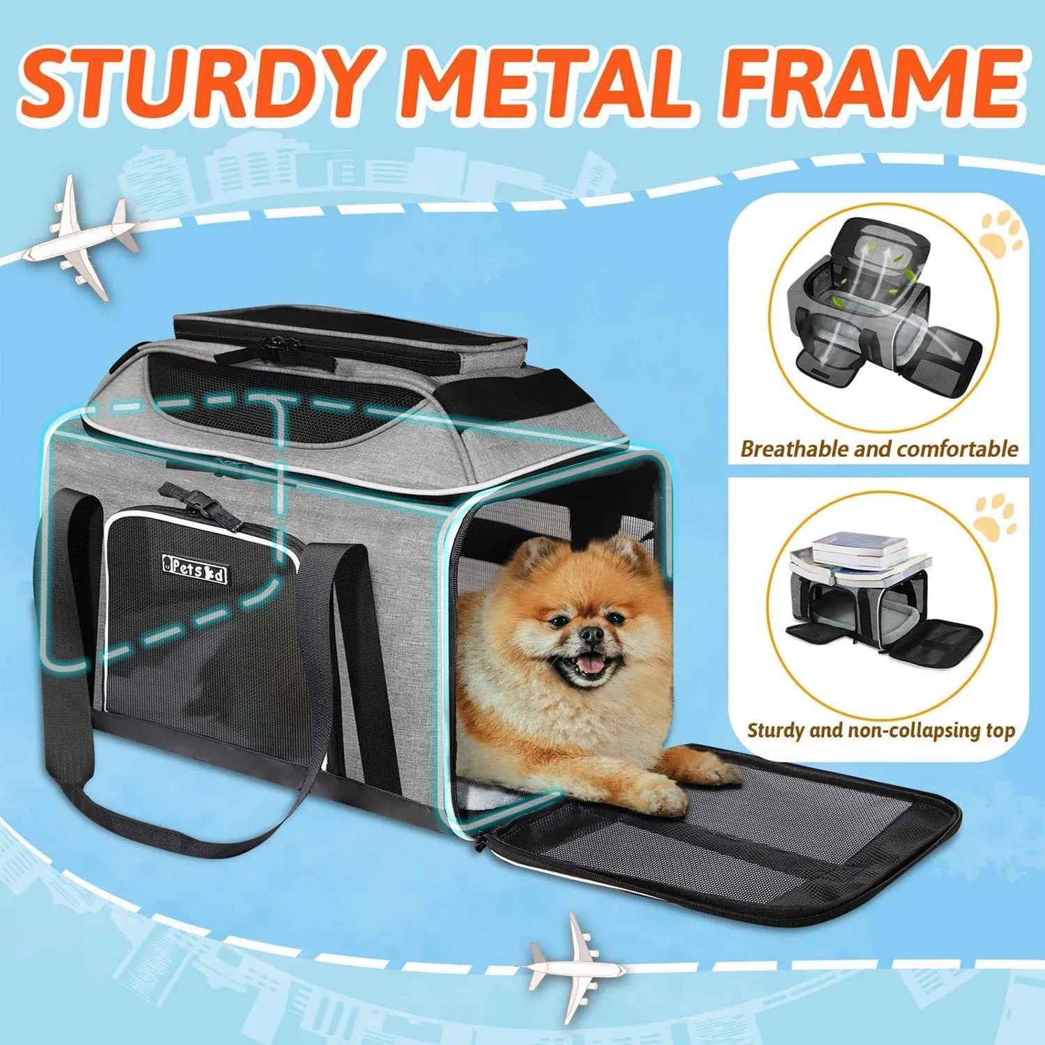 Petskd Top-Expandable Pet Carrier 17x11x9.5 Inches Alaska Airline Approved, Soft-Sided Carrier for Small Cats and Dogs with Locking Safety Zippers and Anti-Scratch Mesh(Grey)
