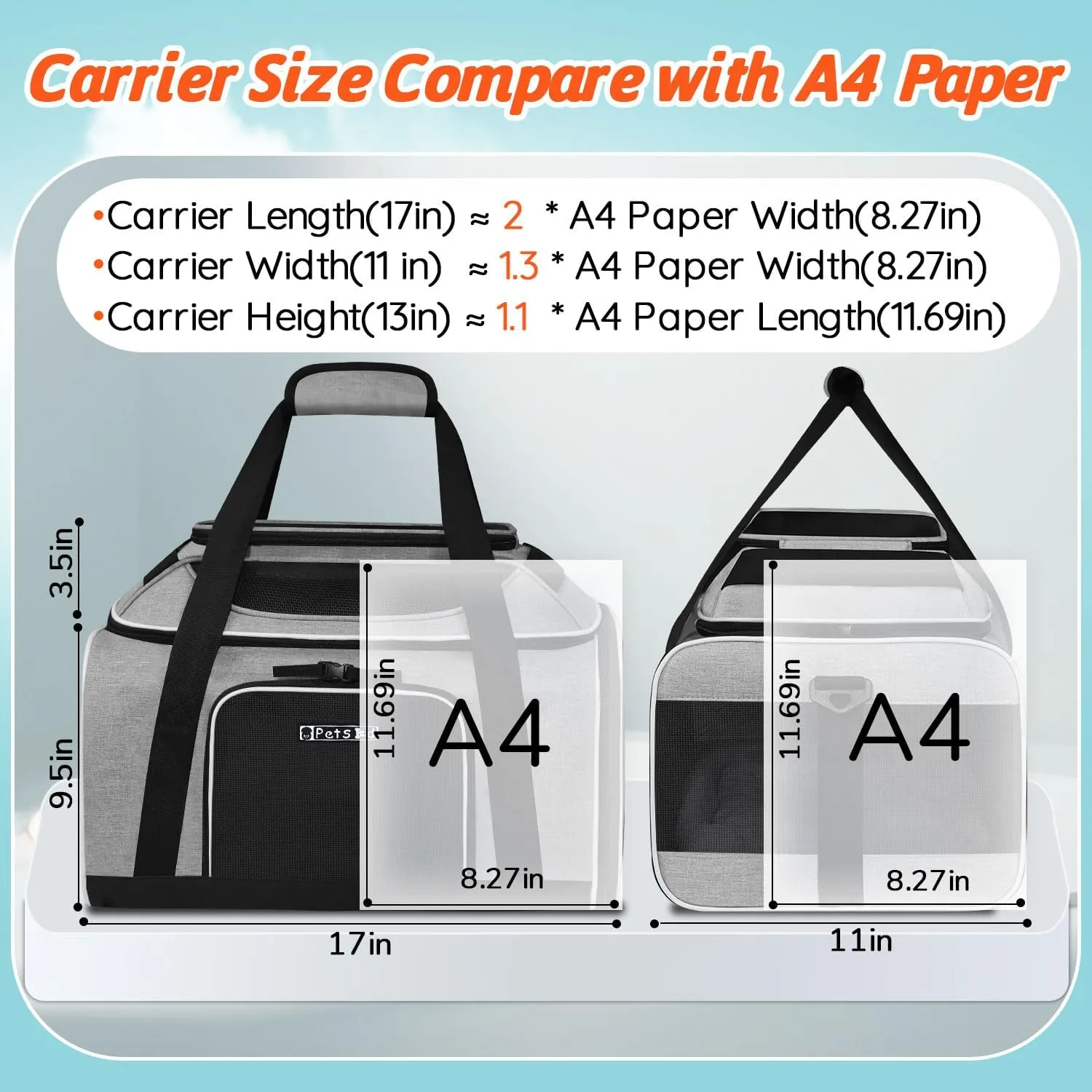 Petskd Top-Expandable Pet Carrier 17x11x9.5 Inches Alaska Airline Approved, Soft-Sided Carrier for Small Cats and Dogs with Locking Safety Zippers and Anti-Scratch Mesh(Grey)