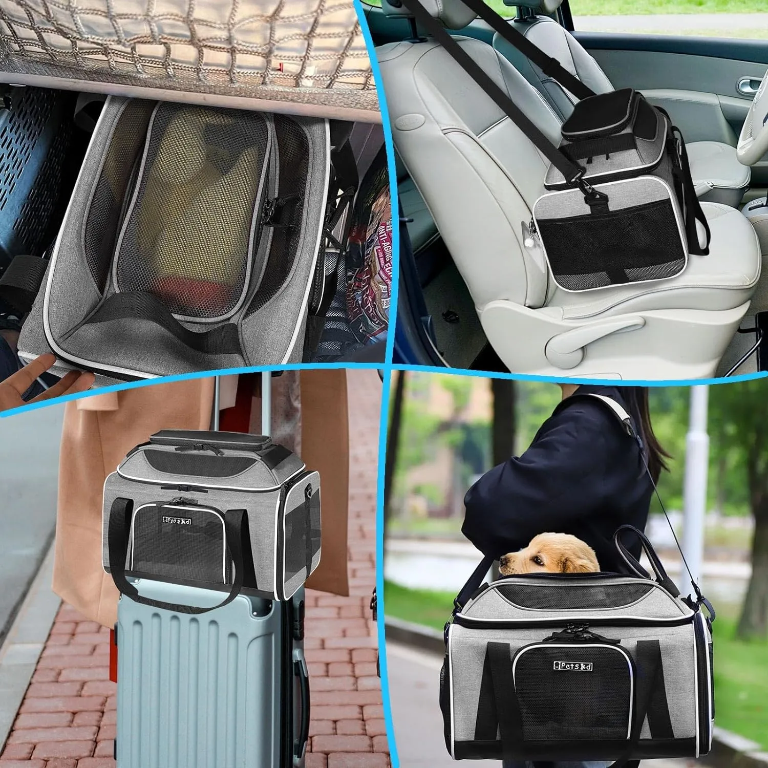 Petskd Top-Expandable Pet Carrier 17x11x9.5 Inches Alaska Airline Approved, Soft-Sided Carrier for Small Cats and Dogs with Locking Safety Zippers and Anti-Scratch Mesh(Grey)