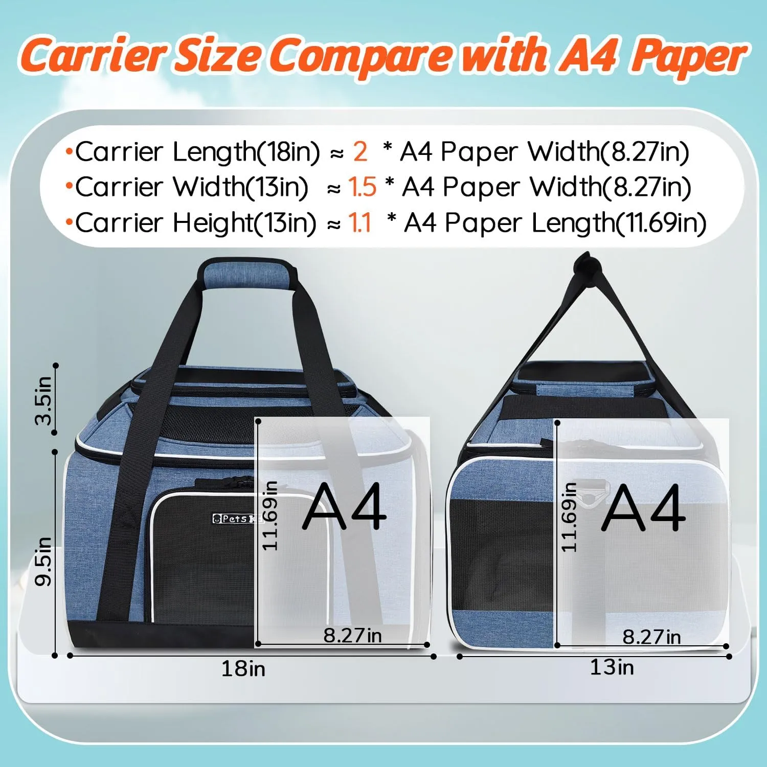 Petskd Top-Expandable Pet Carrier 18x13x9.5 Inches Southwest Allegiant Airline Approved, Soft-Sided Carrier for Small Cats and Dogs with Locking Safety Zippers and Anti-Scratch Mesh(Blue)
