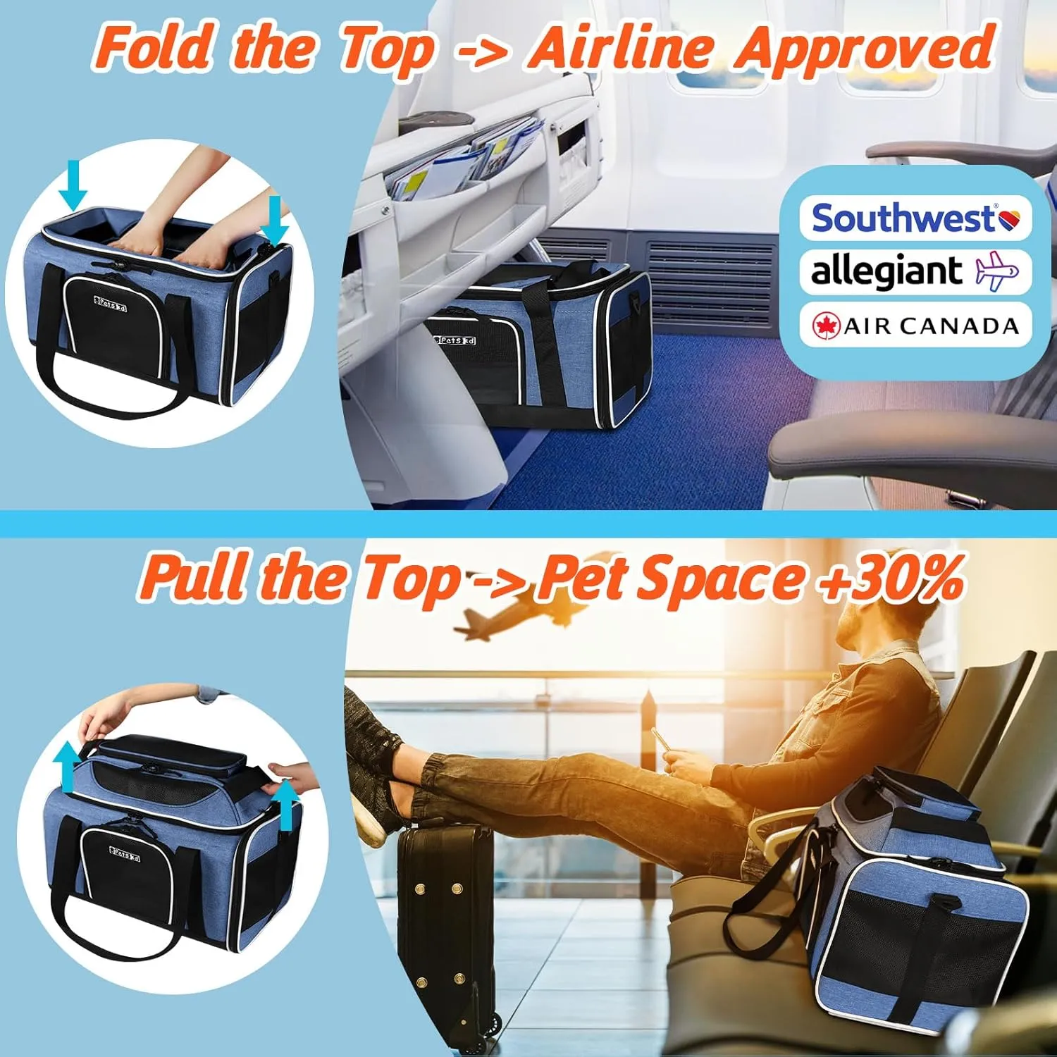 Petskd Top-Expandable Pet Carrier 18x13x9.5 Inches Southwest Allegiant Airline Approved, Soft-Sided Carrier for Small Cats and Dogs with Locking Safety Zippers and Anti-Scratch Mesh(Blue)