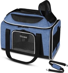 Petskd Top-Expandable Pet Carrier 18x13x9.5 Inches Southwest Allegiant Airline Approved, Soft-Sided Carrier for Small Cats and Dogs with Locking Safety Zippers and Anti-Scratch Mesh(Blue)