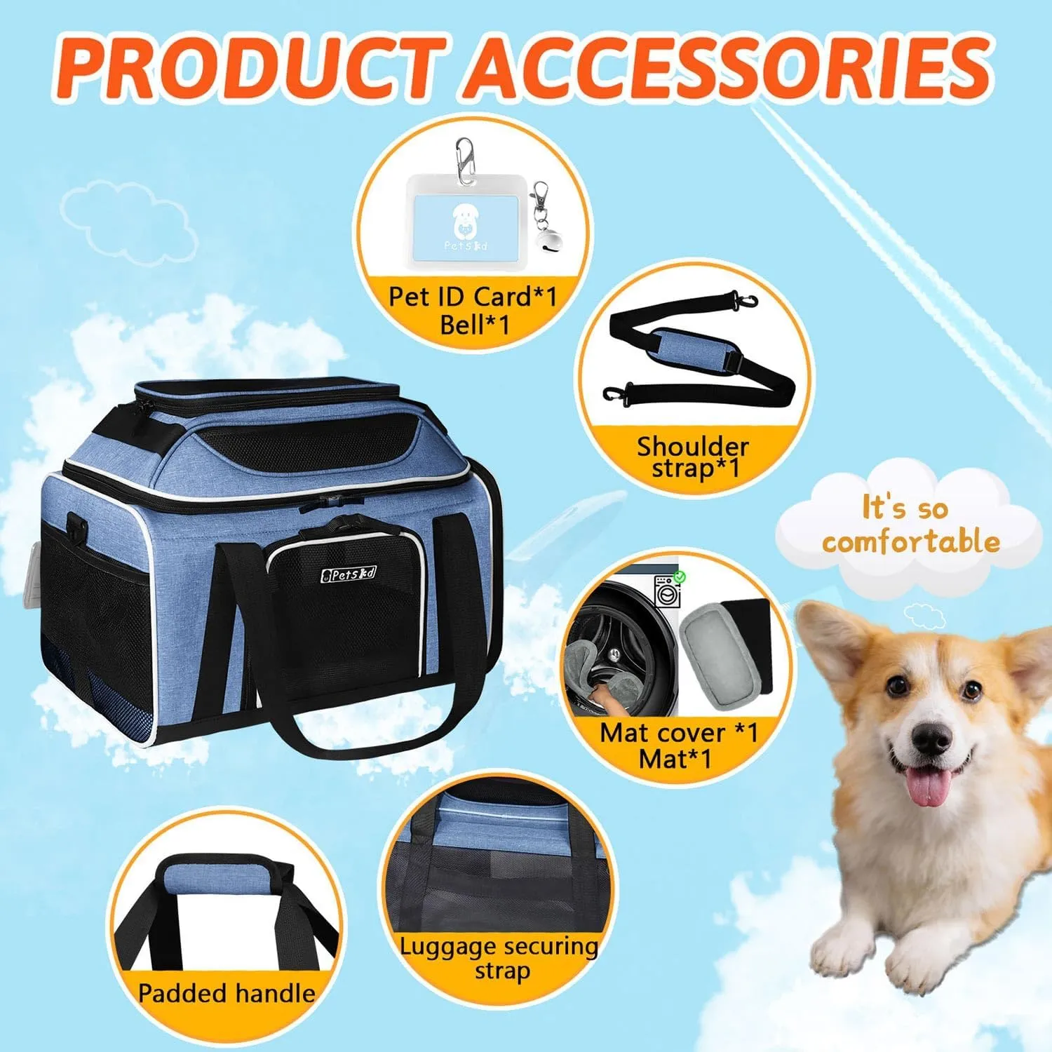 Petskd Top-Expandable Pet Carrier 18x13x9.5 Inches Southwest Allegiant Airline Approved, Soft-Sided Carrier for Small Cats and Dogs with Locking Safety Zippers and Anti-Scratch Mesh(Blue)