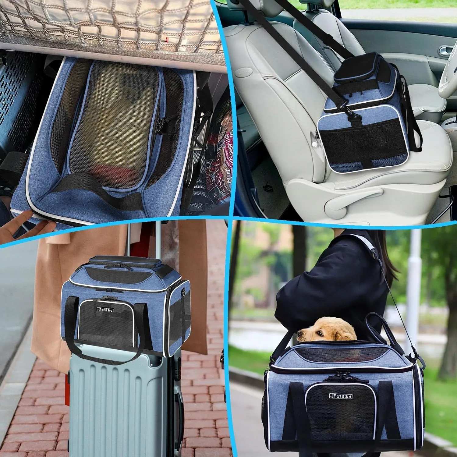 Petskd Top-Expandable Pet Carrier 18x13x9.5 Inches Southwest Allegiant Airline Approved, Soft-Sided Carrier for Small Cats and Dogs with Locking Safety Zippers and Anti-Scratch Mesh(Blue)