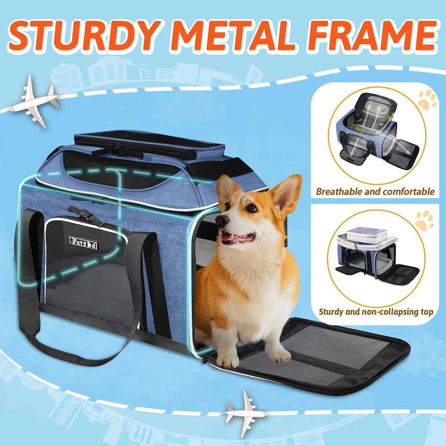 Petskd Top-Expandable Pet Carrier 18x13x9.5 Inches Southwest Allegiant Airline Approved, Soft-Sided Carrier for Small Cats and Dogs with Locking Safety Zippers and Anti-Scratch Mesh(Blue)