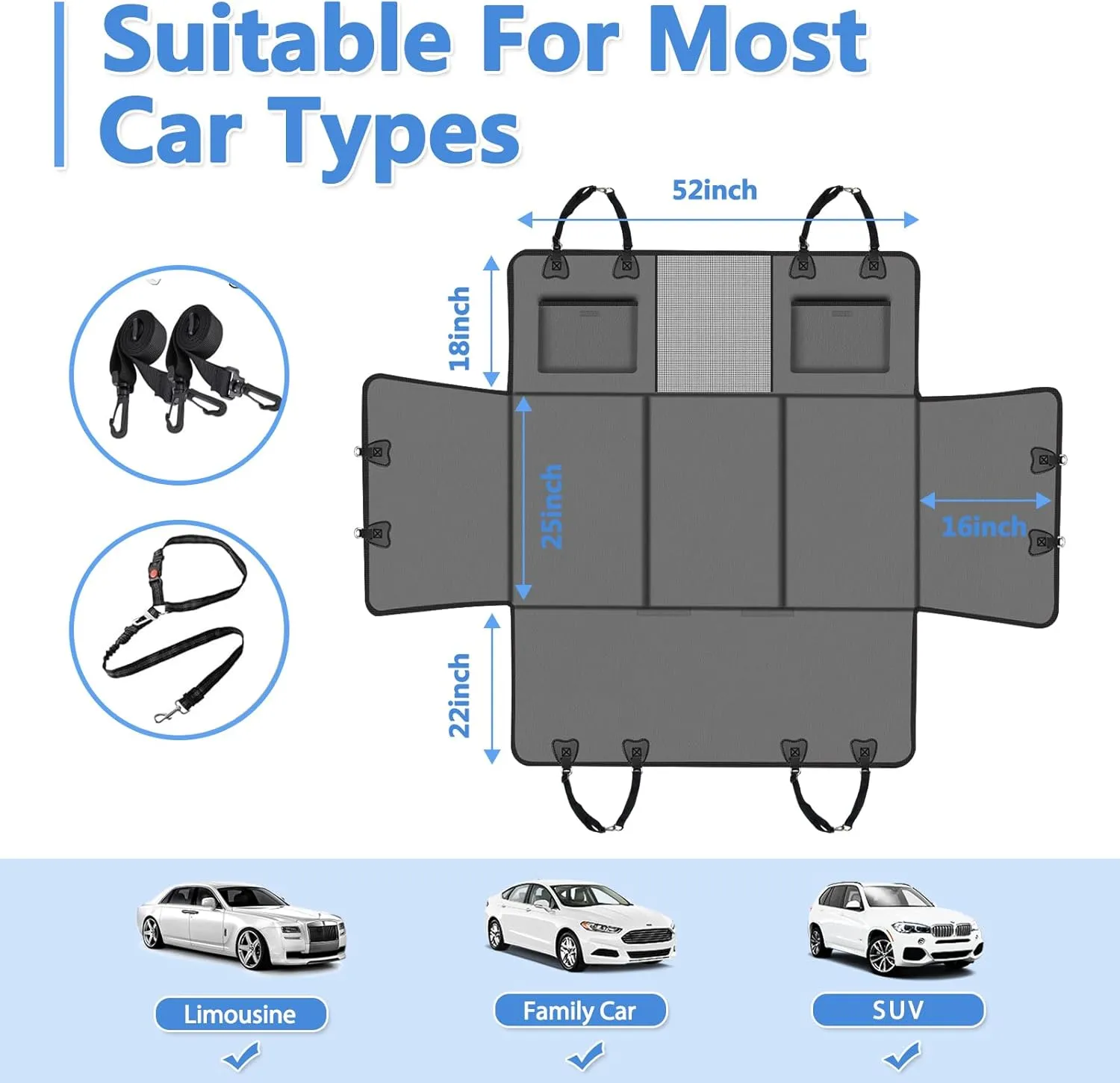 PU Leather Back Seat Extender for Dogs,Waterproof Back Seat Pet Cover for Dogs,Hard Bottom Up to 500Lbs Dog Car Seat Cover,Grey Large Space Dog Hammock for Car,SUV,Small Truck
